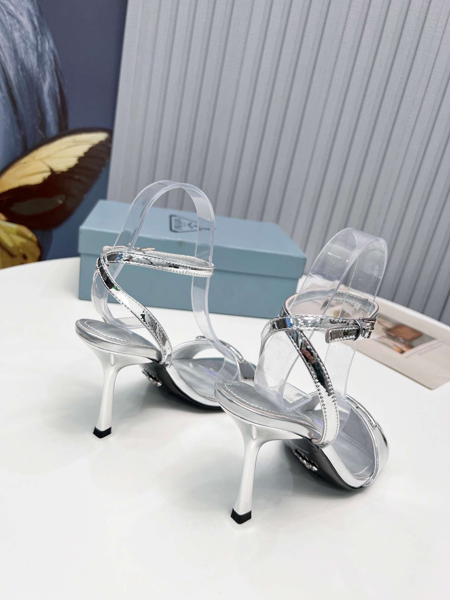 Pra*a Square Toe Pointed Pumps Silver For Women