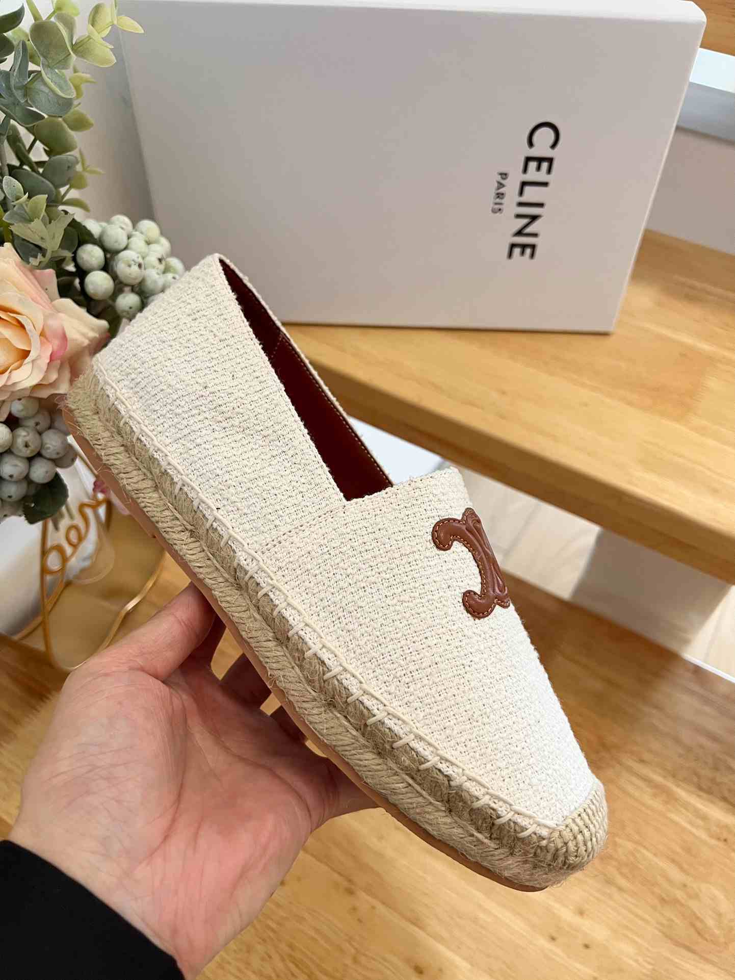 Ce1i*e Flat Espadrille With Triomphe Patch Signature In Tweed White For Women