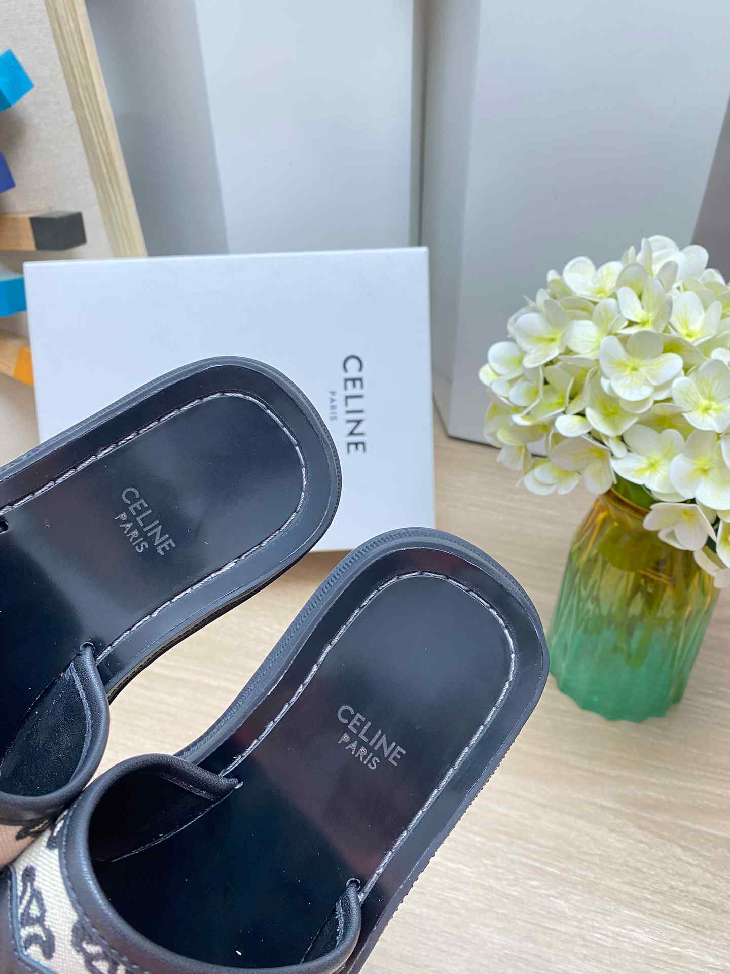 Ce1i*e Triomphe Slide In Triomphe Stamped Canvas Black For Women