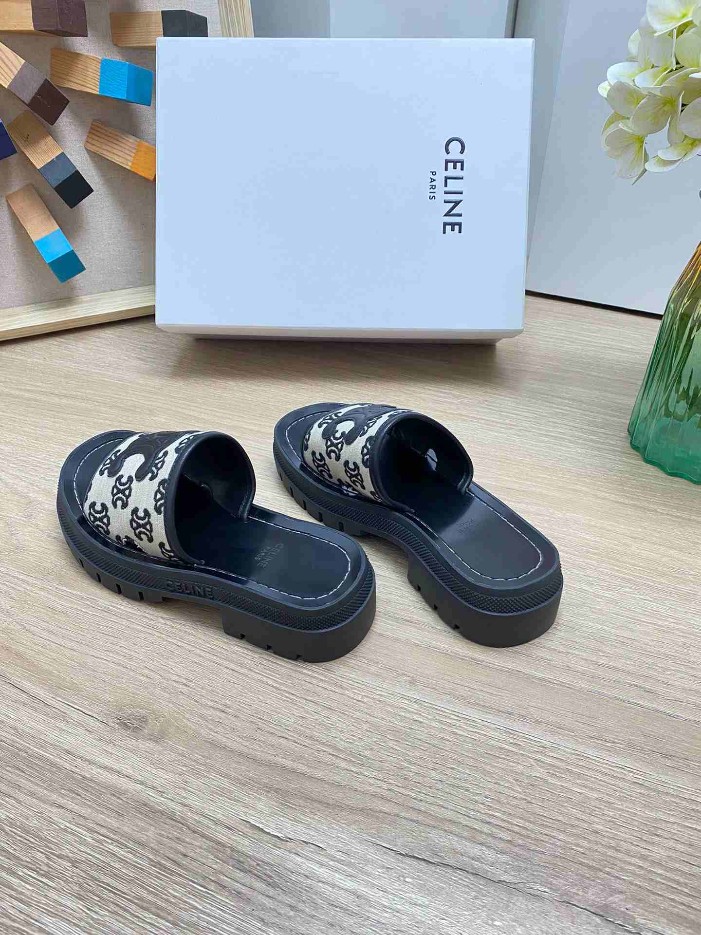 Ce1i*e Triomphe Slide In Triomphe Stamped Canvas Black For Women