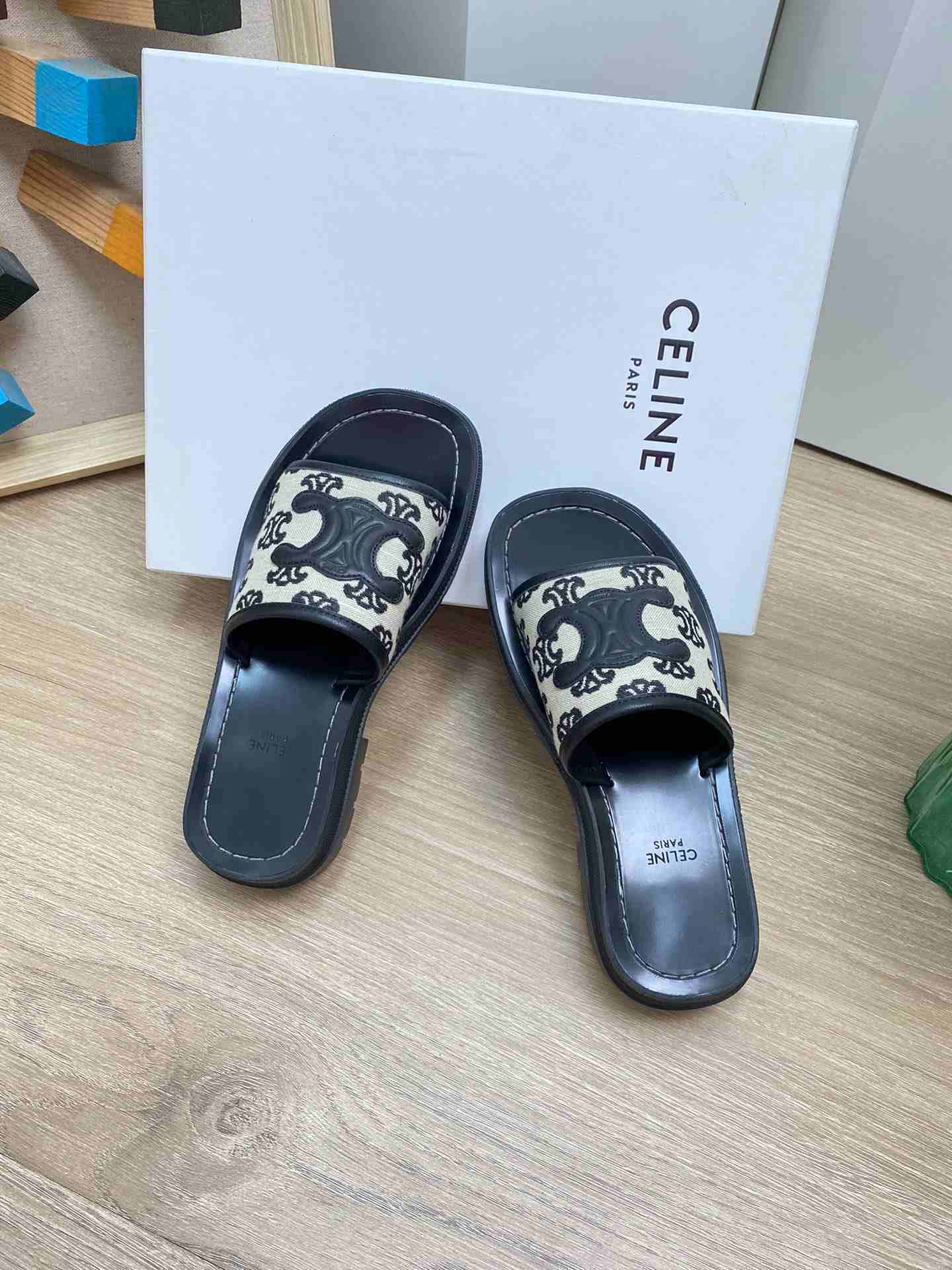 Ce1i*e Triomphe Slide In Triomphe Stamped Canvas Black For Women