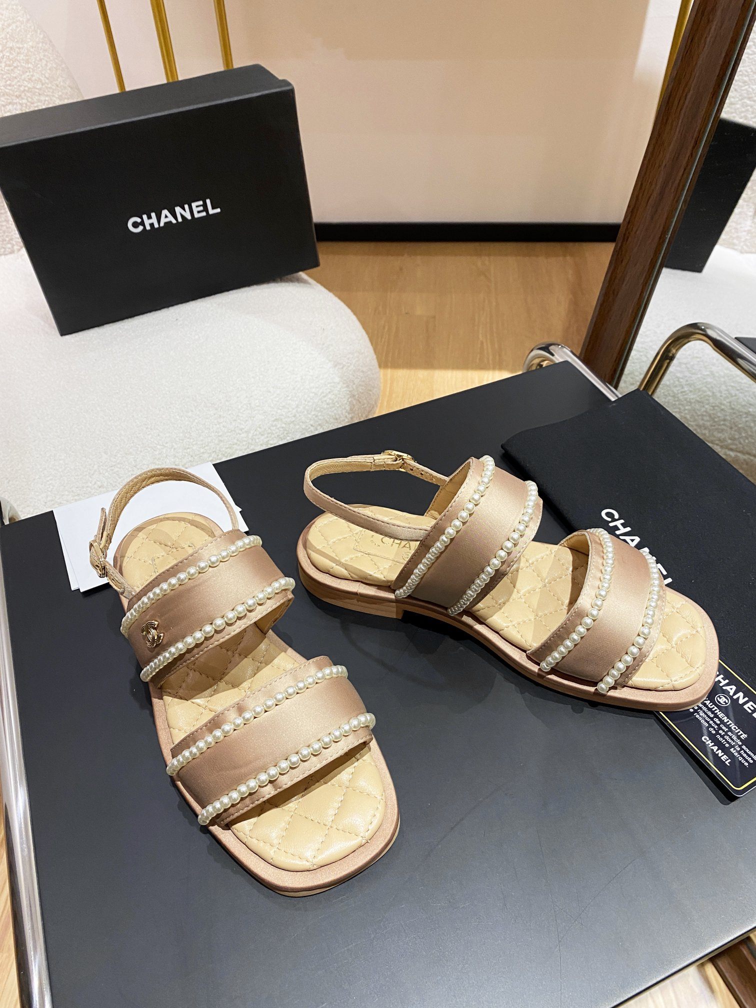 Ch**el Pearl Flat Sandals Brown For Women
