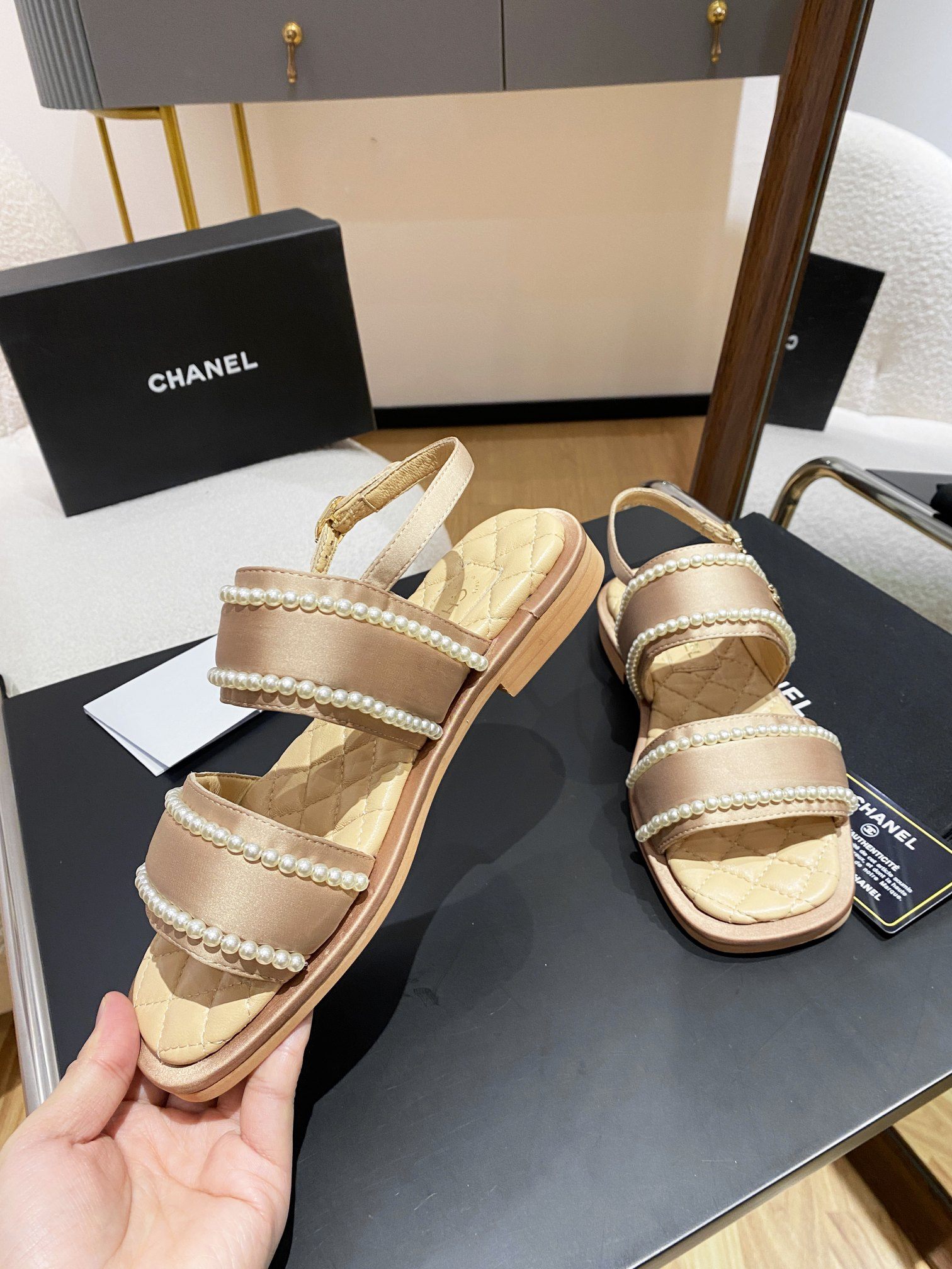 Ch**el Pearl Flat Sandals Brown For Women