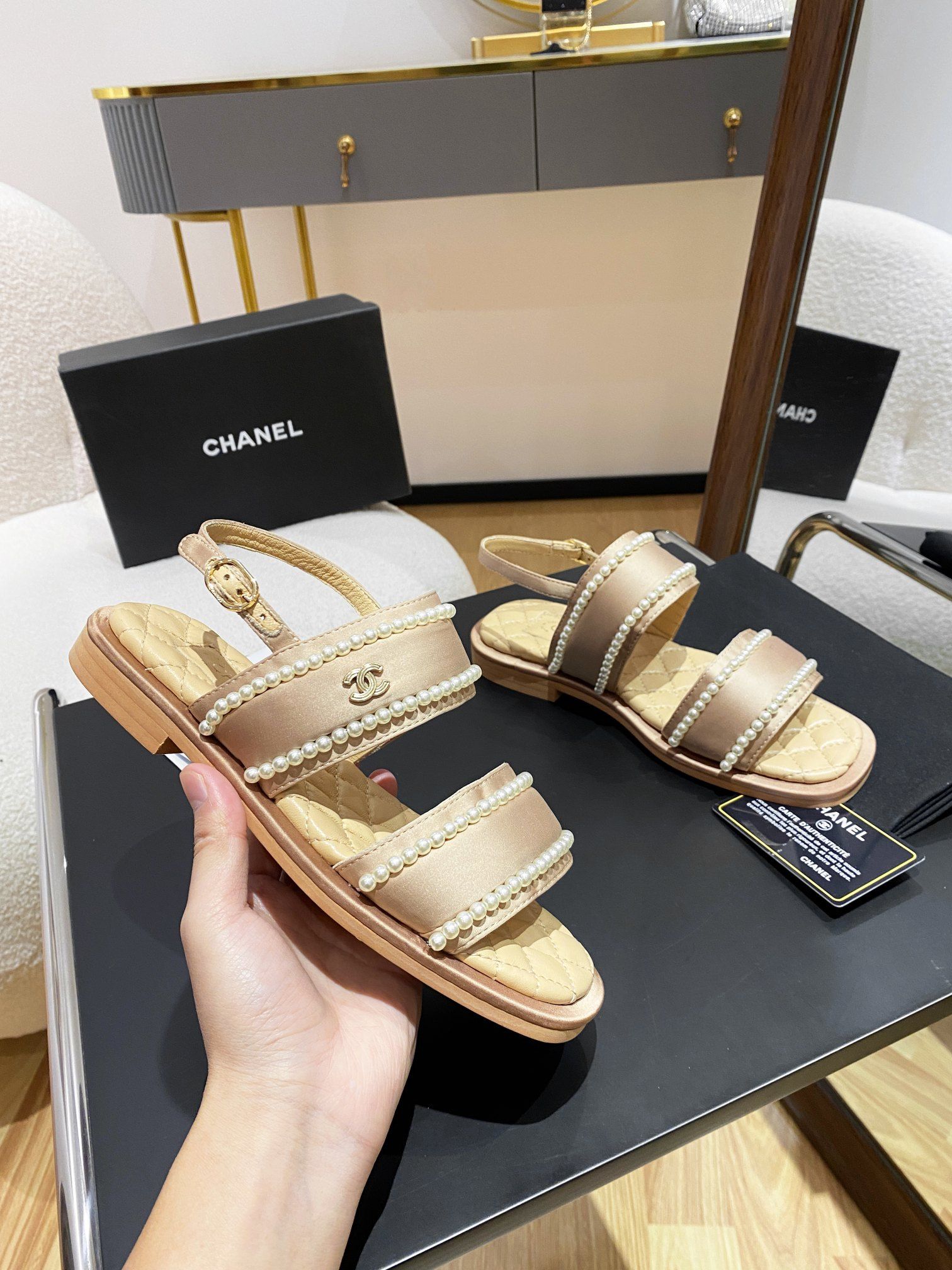 Ch**el Pearl Flat Sandals Brown For Women