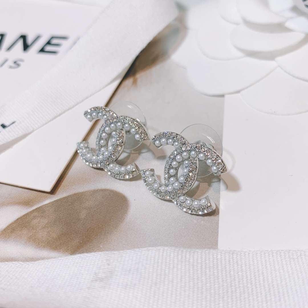 Ch**el Rhinestone Double C Earrings Silver For Women