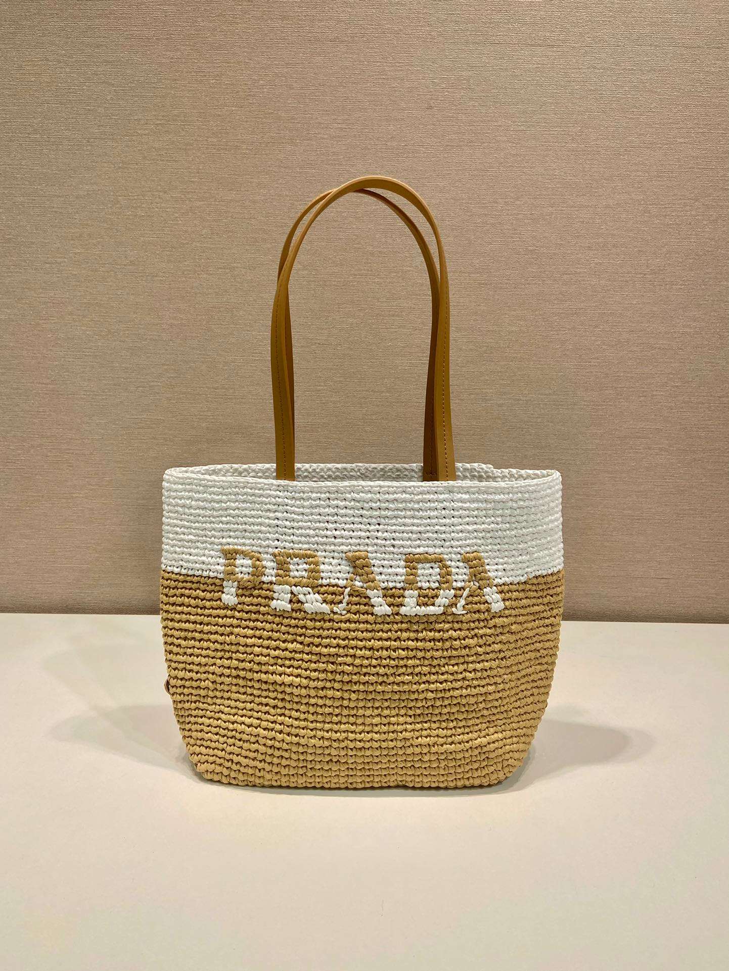 Pra*a Raffia Tote Bag Beige For Women 9.1in/23cm