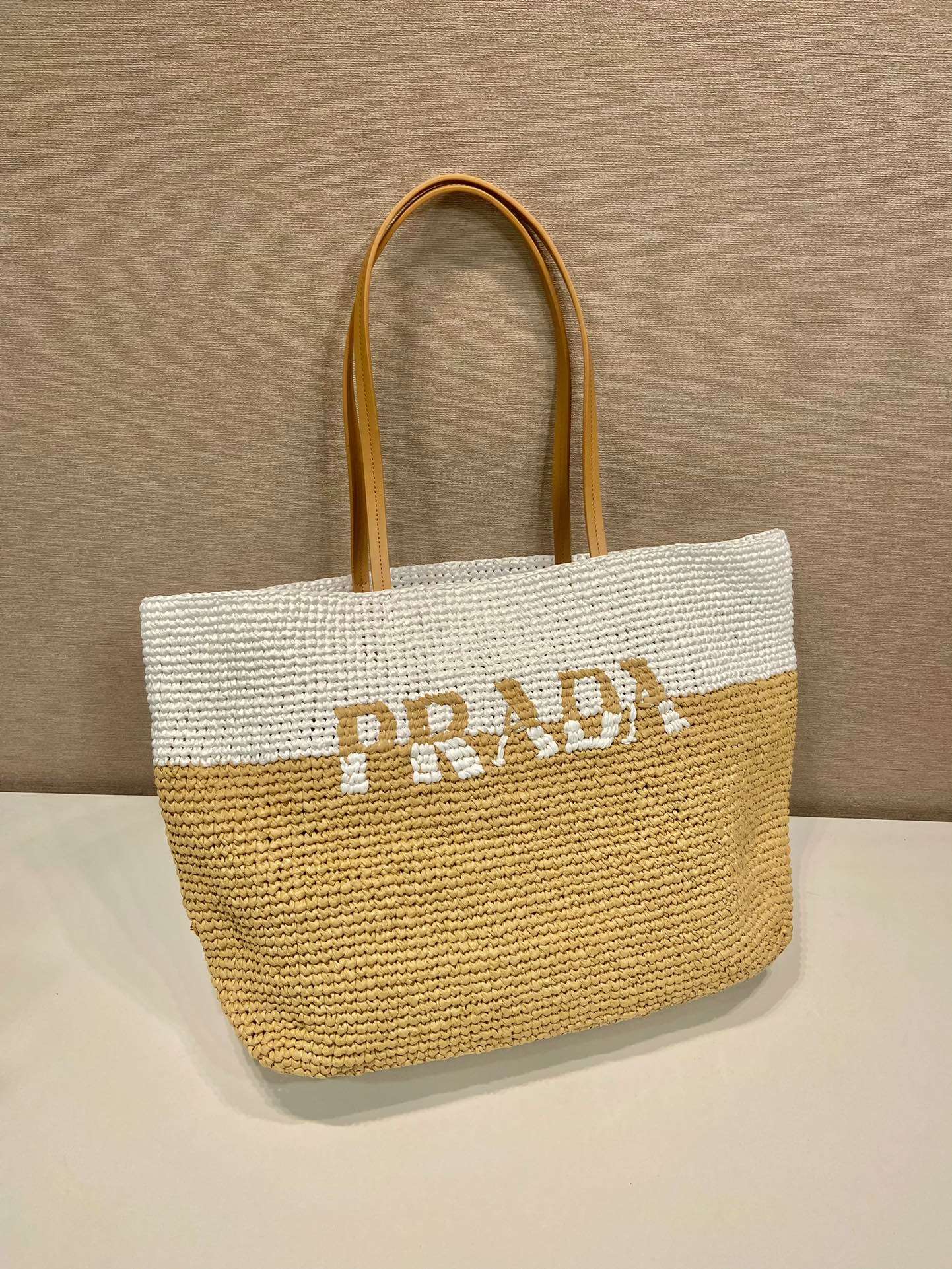 Pra*a Raffia Tote Bag Beige For Women 15in/38cm 1BG442_2DJS_F0N86_V_OOO