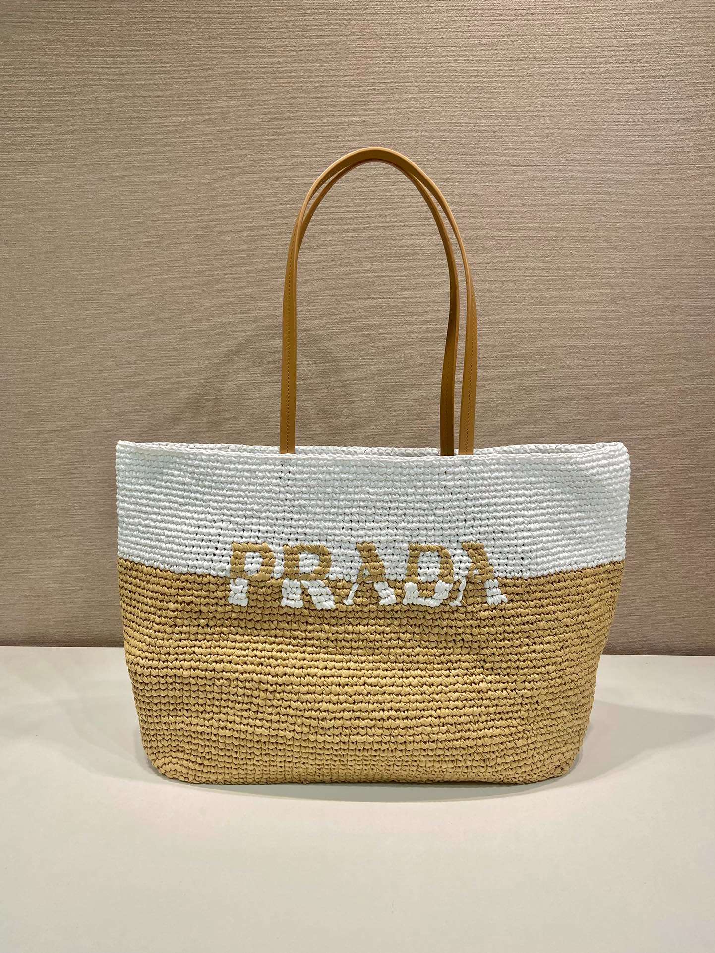 Pra*a Raffia Tote Bag Beige For Women 15in/38cm 1BG442_2DJS_F0N86_V_OOO