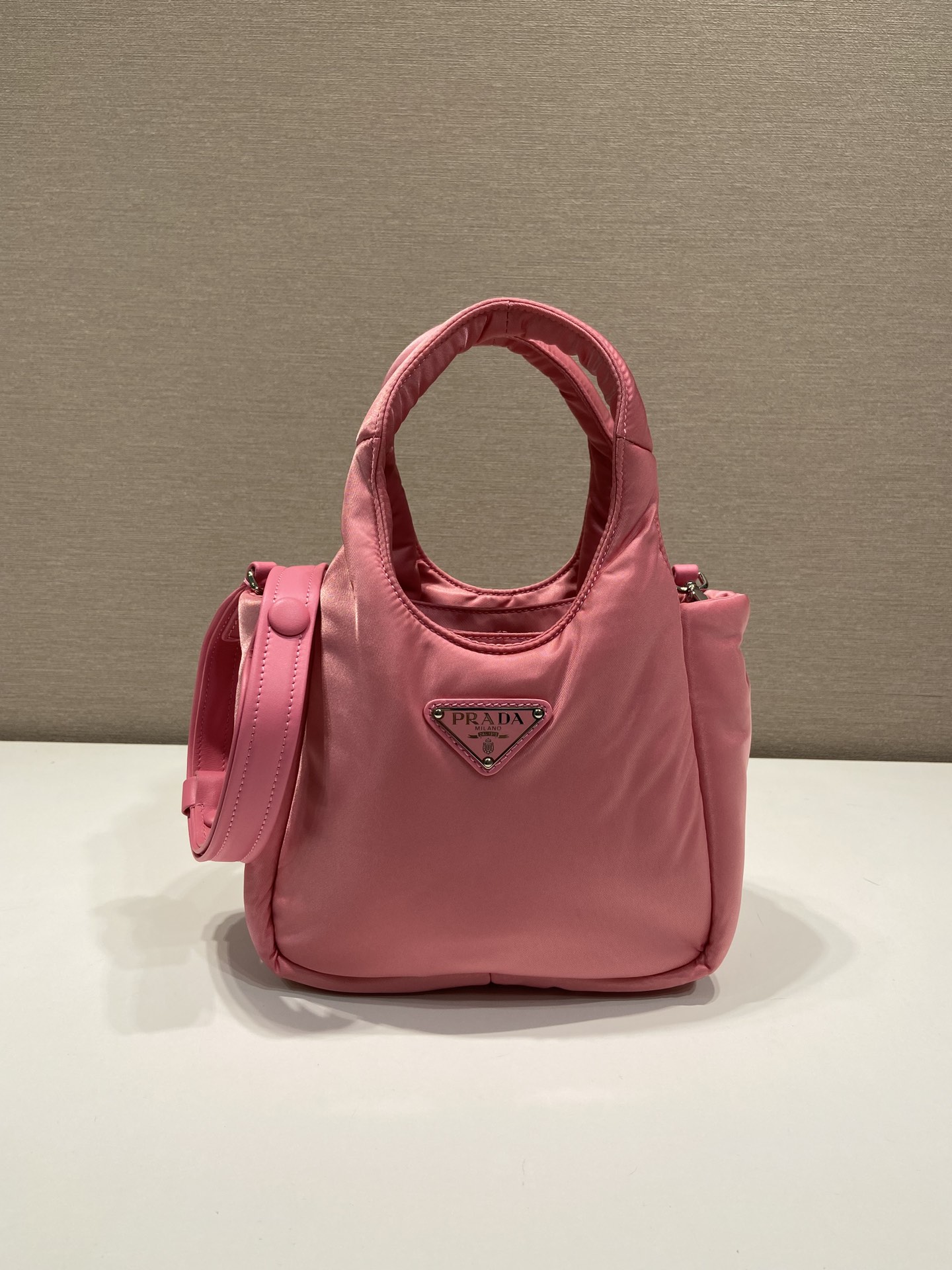 Pra*a Soft Padded Re-Nylon Mini-Bag White/Pink/Beige For Women 7.1in/18cm 1BA359_RCCJ_F0009_V_OVM