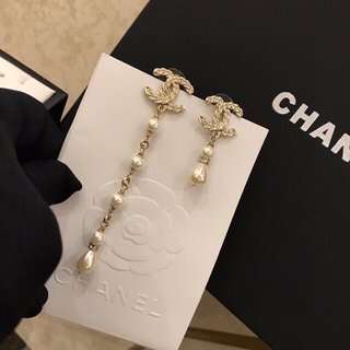Ch**el CC Crystal Pearl Drop Earrings Gold For Women