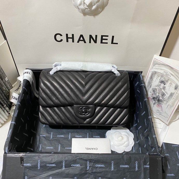 Ch**el Chevron Classic Handbag Black For Women 10.2in/26cm