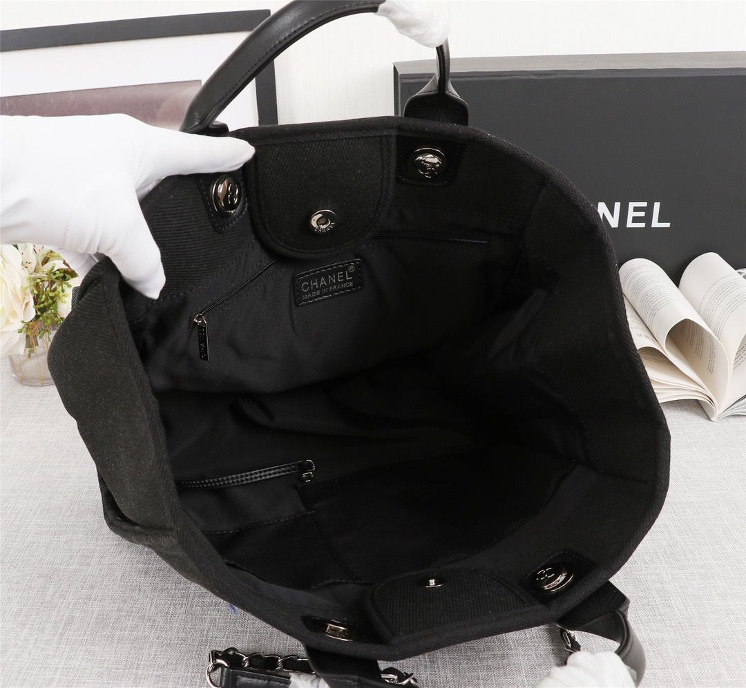 Ch**el Large Deauville Pearl Tote Bag Black For Women 15in/38cm A66941