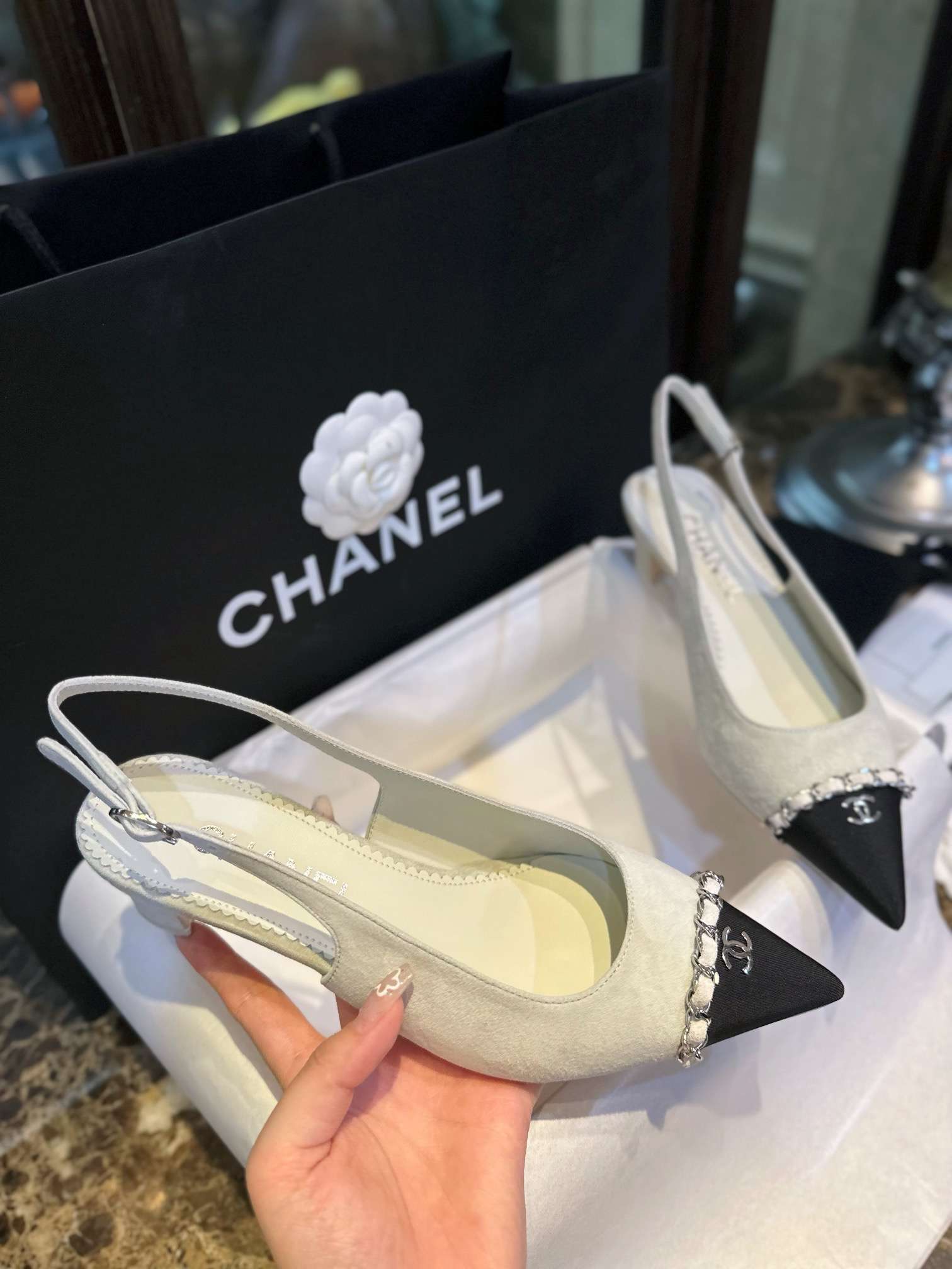 Ch**el Patent Slingback Pumps Light Grey For Women