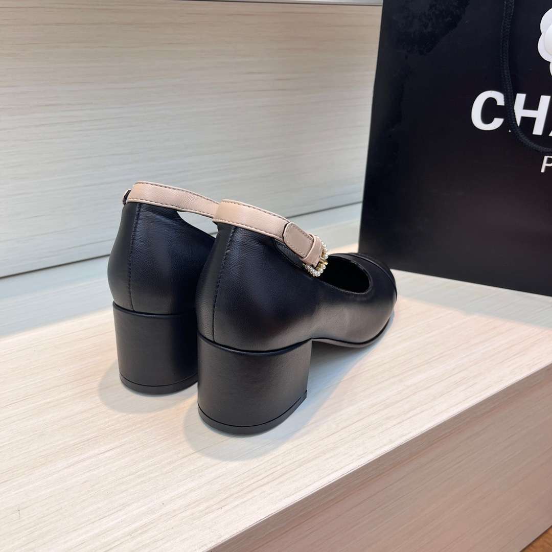 Ch**el Round Buckle Strap Pearl Mary Jane Black For Women