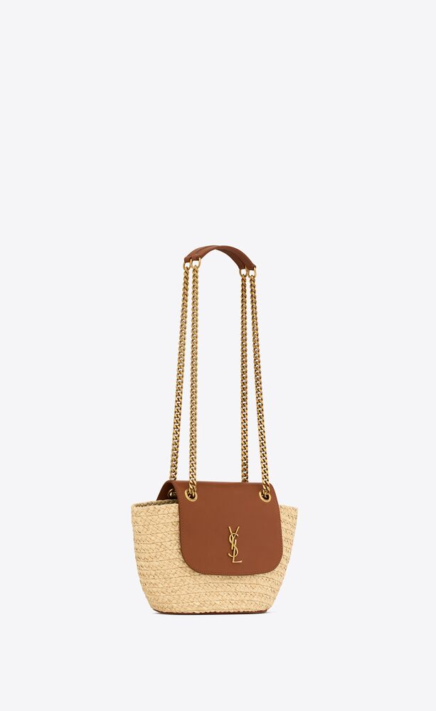 Sa1nt Lau*nt Mini Manon In Raffia And Aged Vegetable-Tanned Beige For Women 9.1 Inches/ 23 Cm 774269GAAED9051