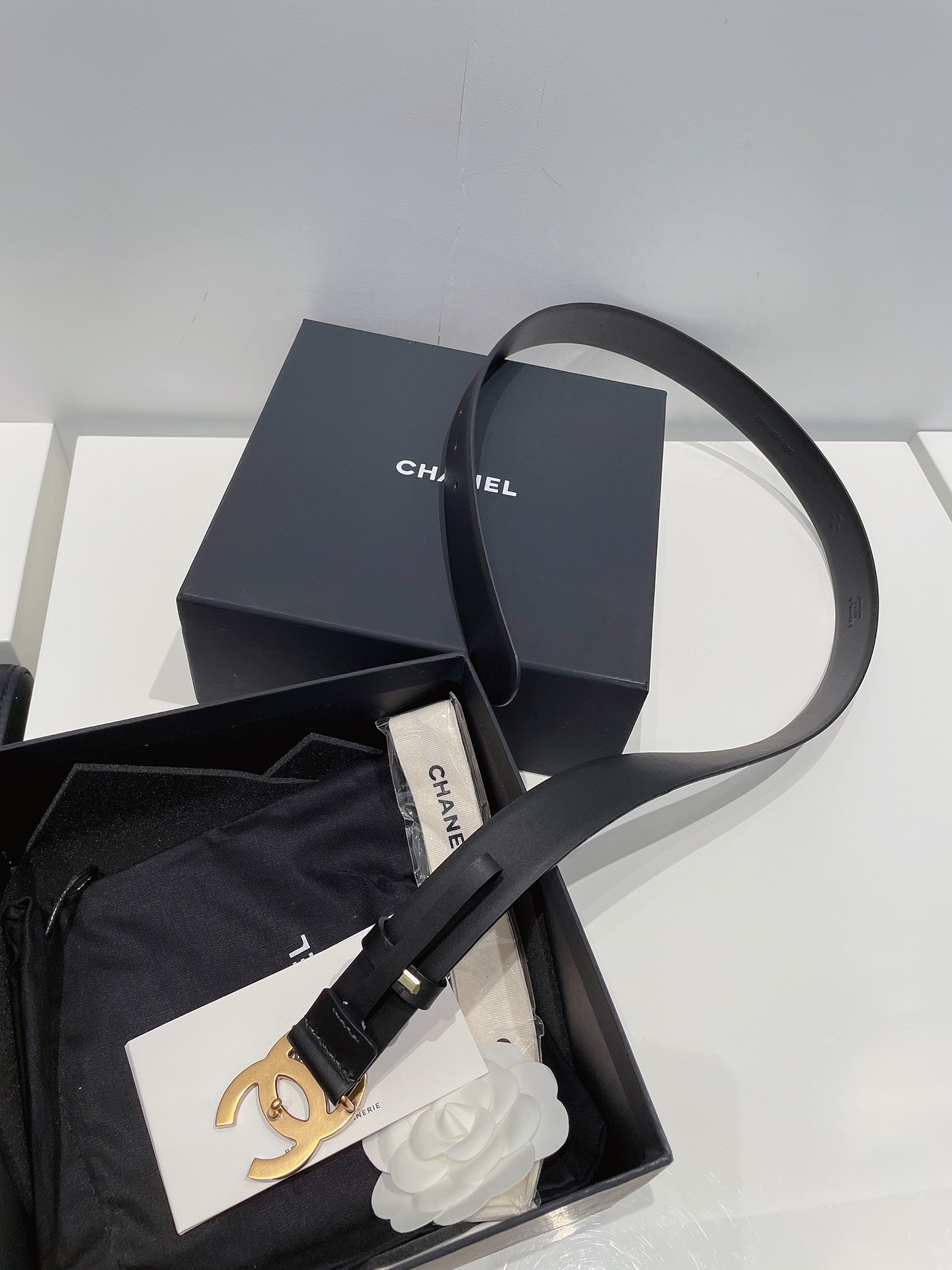 Ch**el Gold Tone Interlocking C Buckle Belt Black For Women