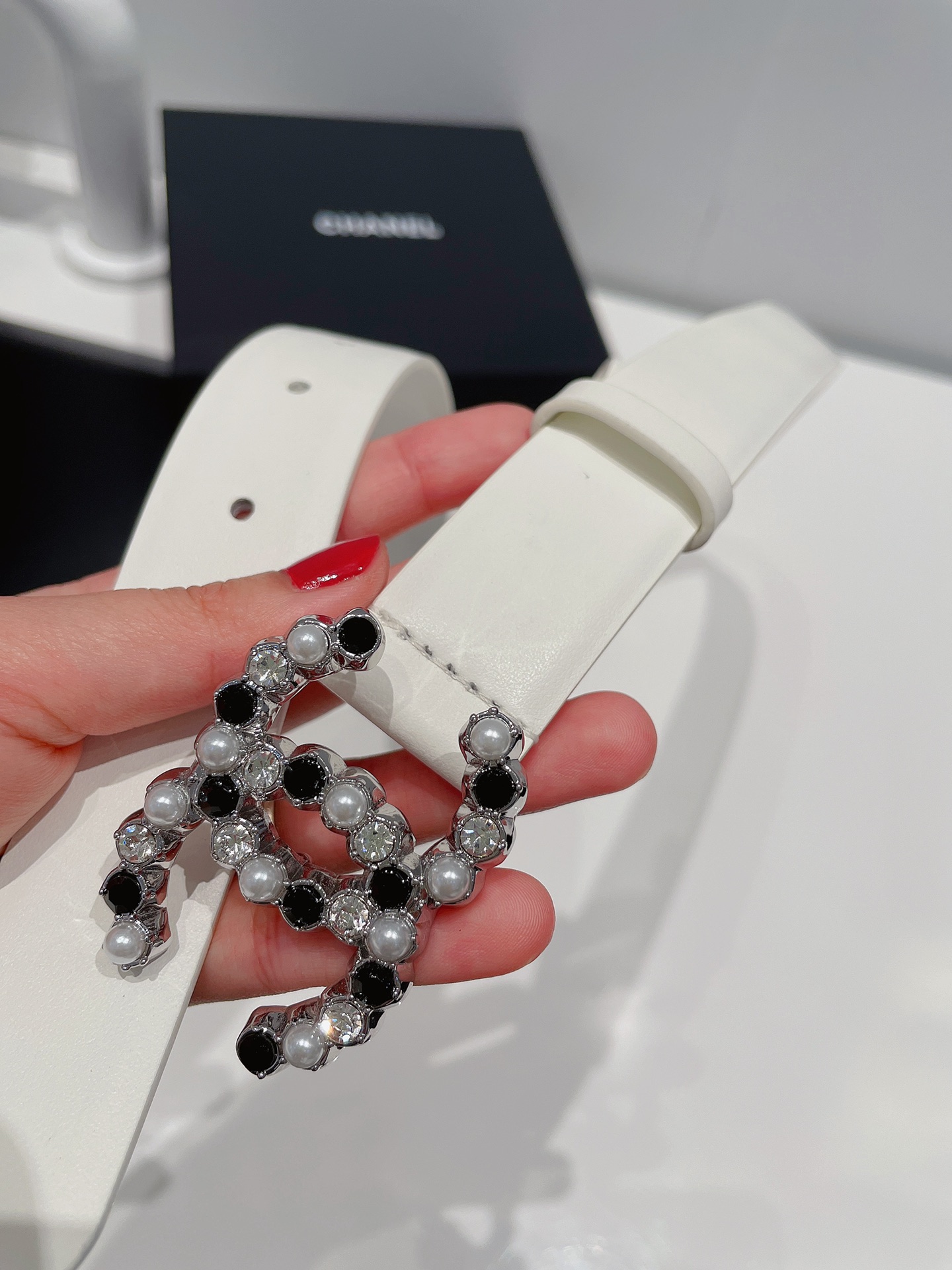 Ch**el Two Color Pearl Interlocking C Buckle Belt White For Women