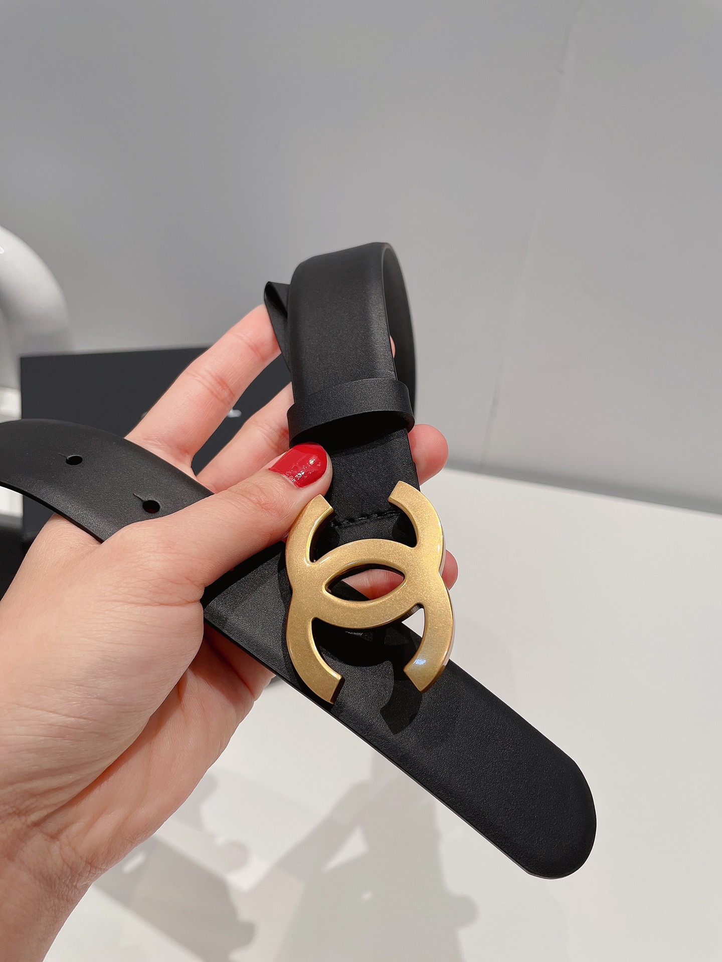 Ch**el Gold Tone Interlocking C Buckle Belt Black For Women