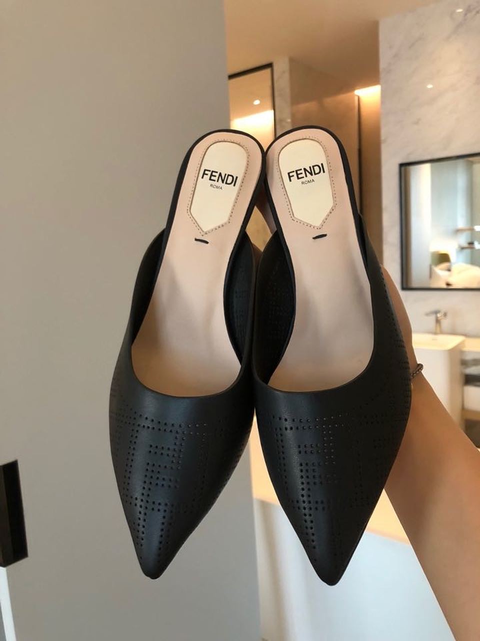 F**di Colibri Perforated FF Sabot Mules 55mm Spring/Summer 2020 Collection, Black