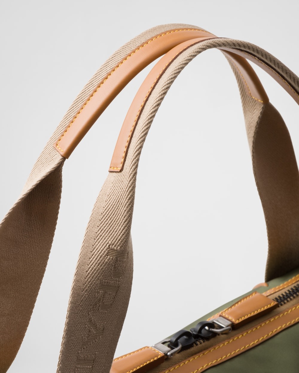 Pra*a Re-Nylon And Leather Duffle Bag Military/Caramel 17.5in/44.5cm 2VC040_2CX2_F03UQ_V_KOO