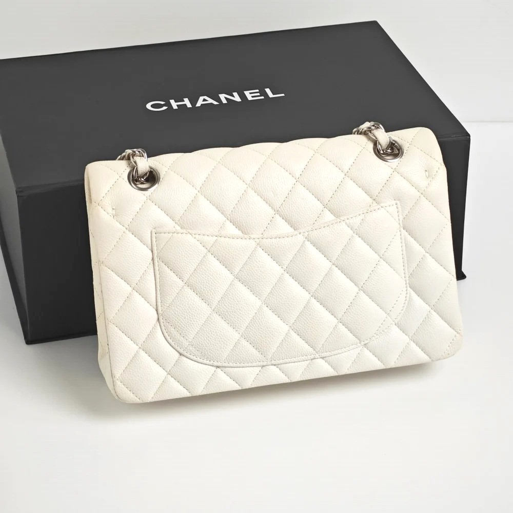 [True-to-ORIGINAL] Ch**el Small Classic Double Flap White Silver-Toned For Women 9in/23cm