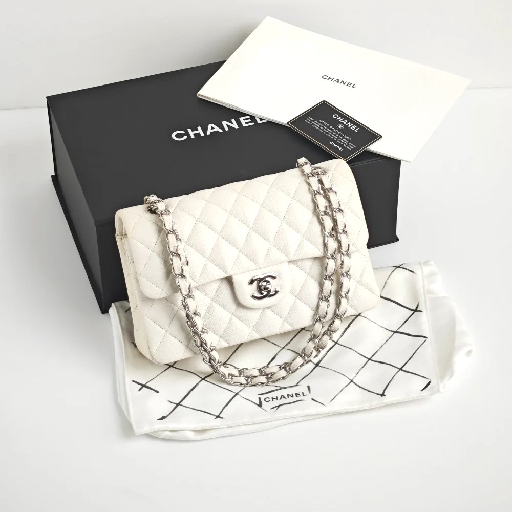 [True-to-ORIGINAL] Ch**el Small Classic Double Flap White Silver-Toned For Women 9in/23cm