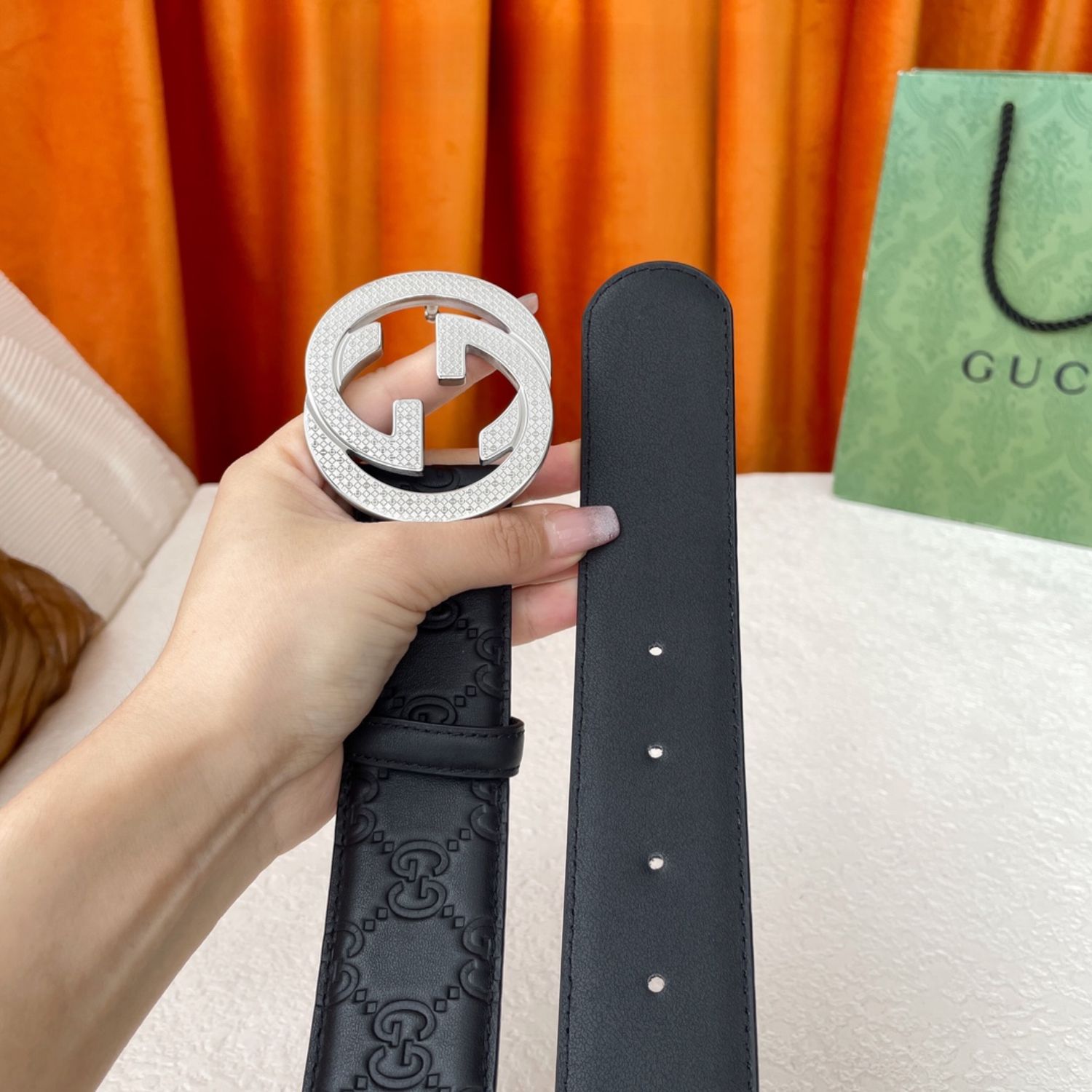 Gvc*1 Iconic GG Buckle Belt Embossed Black With Silver Bling Buckle 40mm