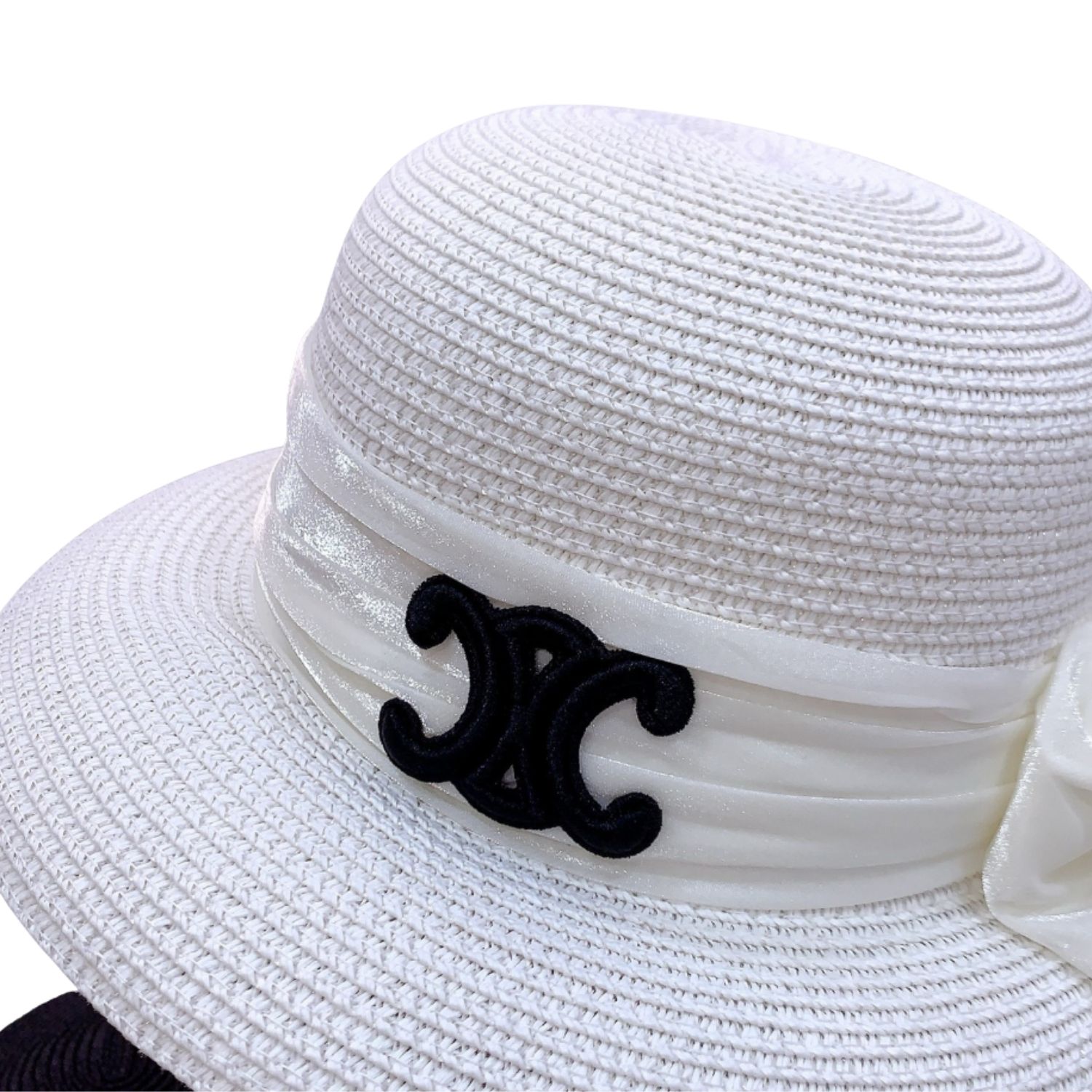 Ce1i*e Straw Hat With Satin Ribbon Bow White For Women 58cm/22.8in