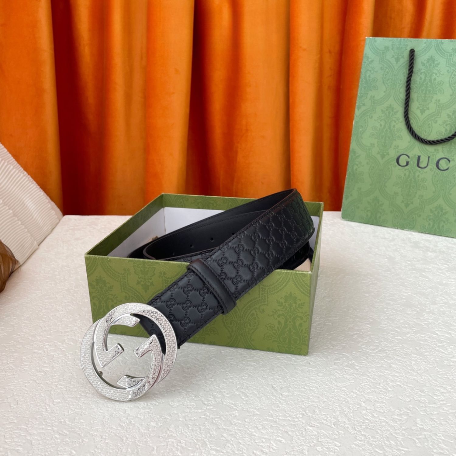 Gvc*1 Monogram Belt Black With Silver Crystal Buckle 40mm