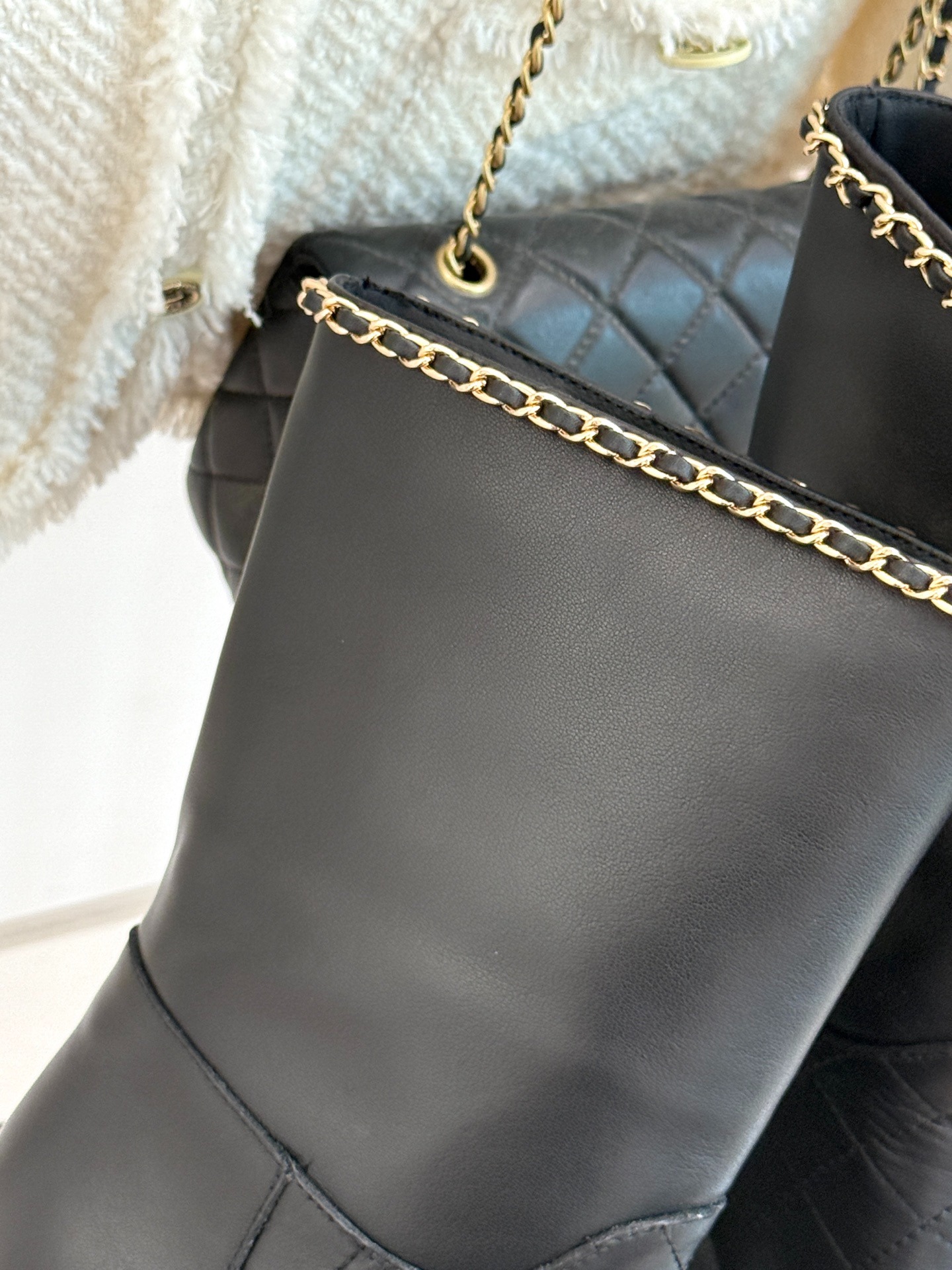 Ch**el Double C Chunky Heel Boots With Chain Detail Black For Women