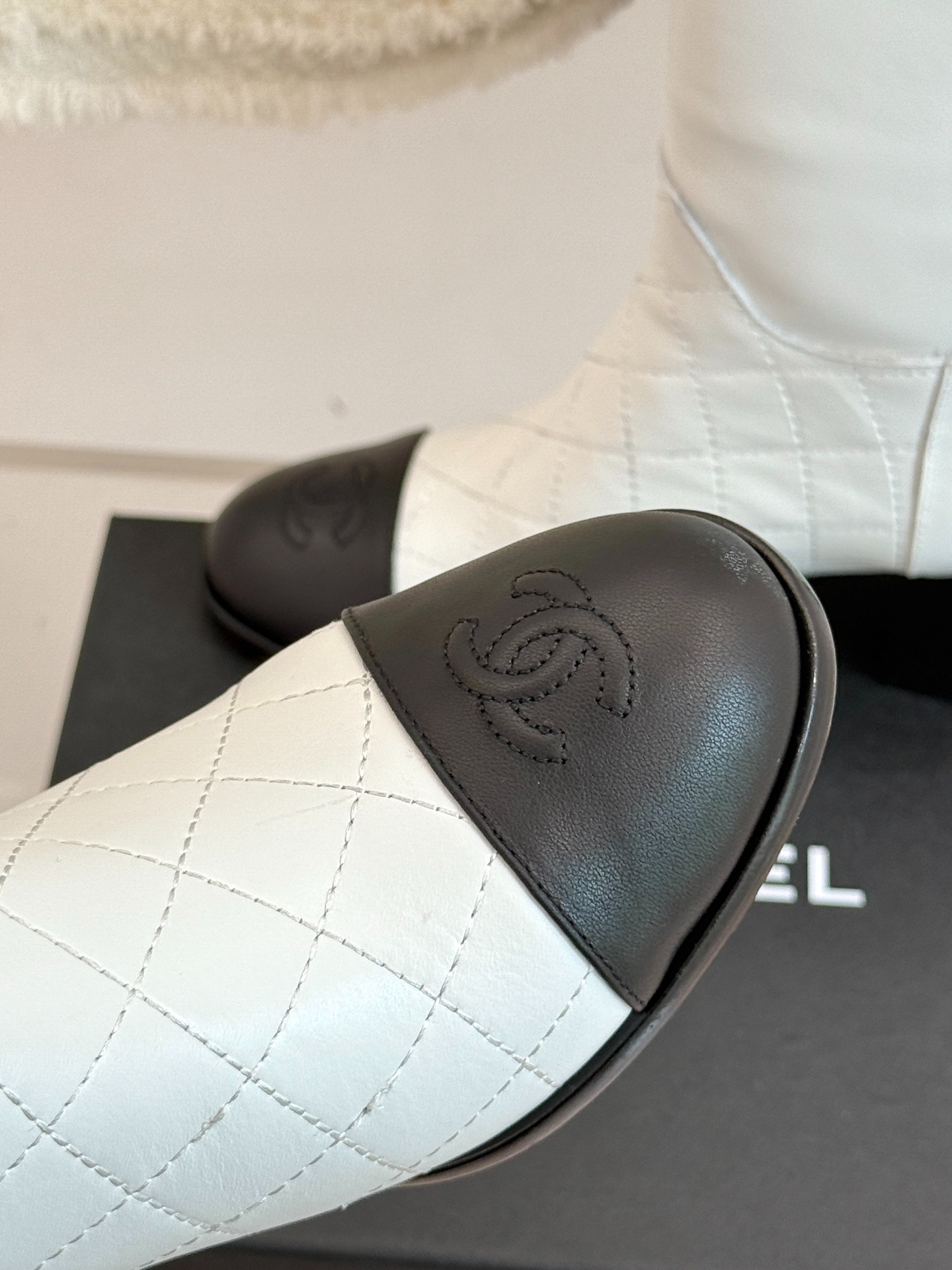 Ch**el Double C Chunky Heel Boots With Chain Detail White For Women