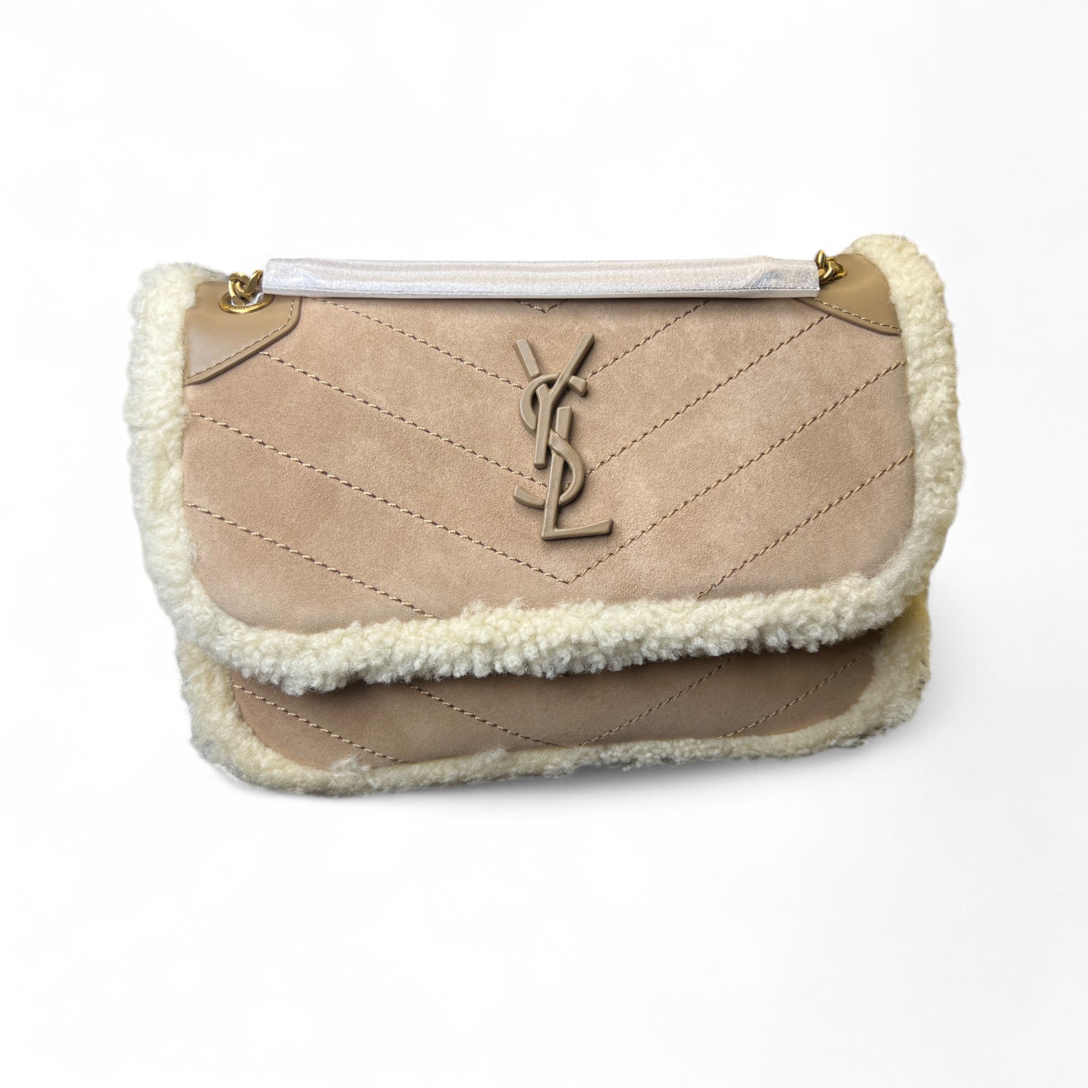 [True-to-ORIGINAL] Sa1nt Lau*nt Taupe Shearling Medium Niki Bag Brown For Women 8.66in/22cm