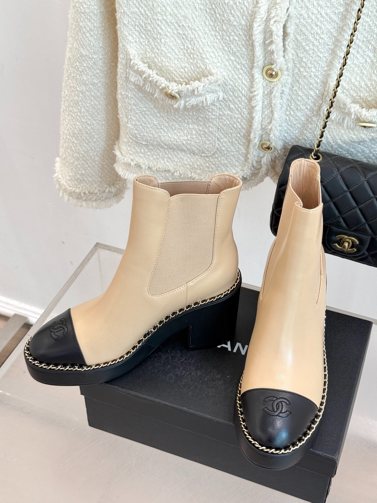 Ch**el Chelsea Chunky Heel Boots Two Tone Beige And Black For Women