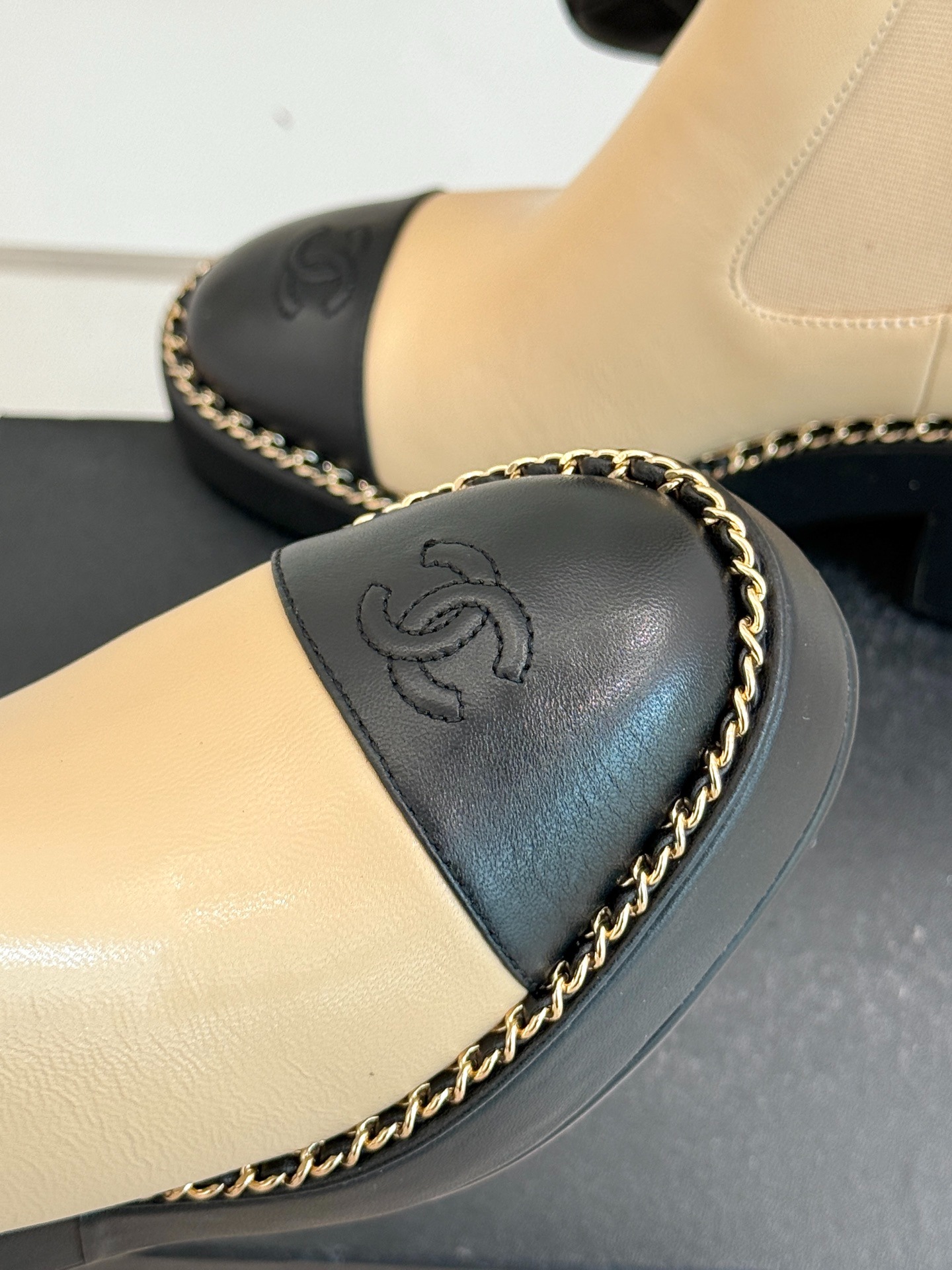 Ch**el Chelsea Chunky Heel Boots Two Tone Beige And Black For Women