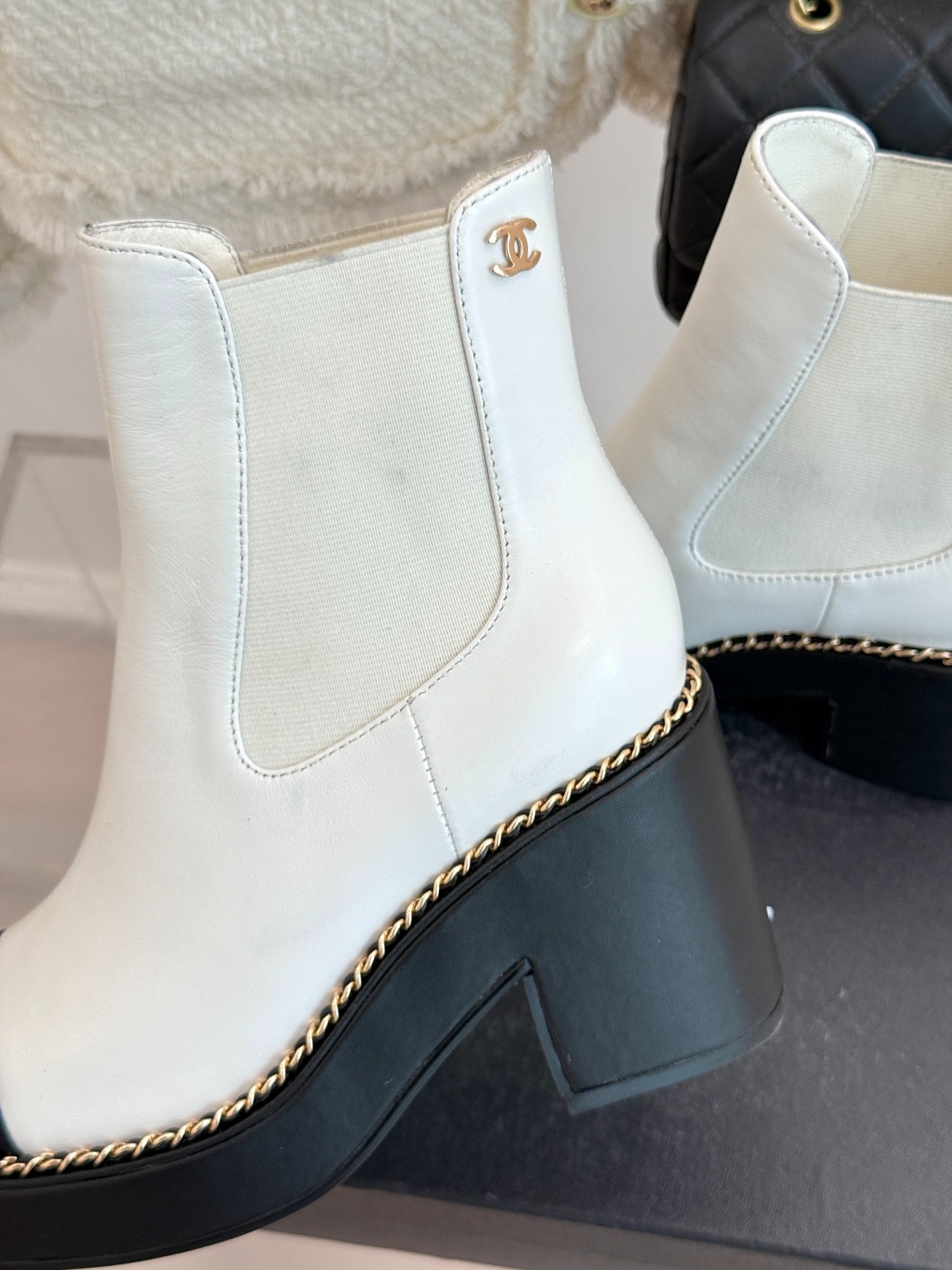 Ch**el Chelsea Chunky Heel Boots Two Tone White And Black For Women