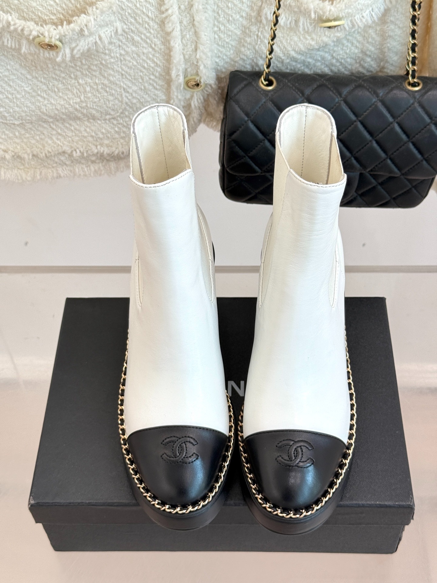 Ch**el Chelsea Chunky Heel Boots Two Tone White And Black For Women