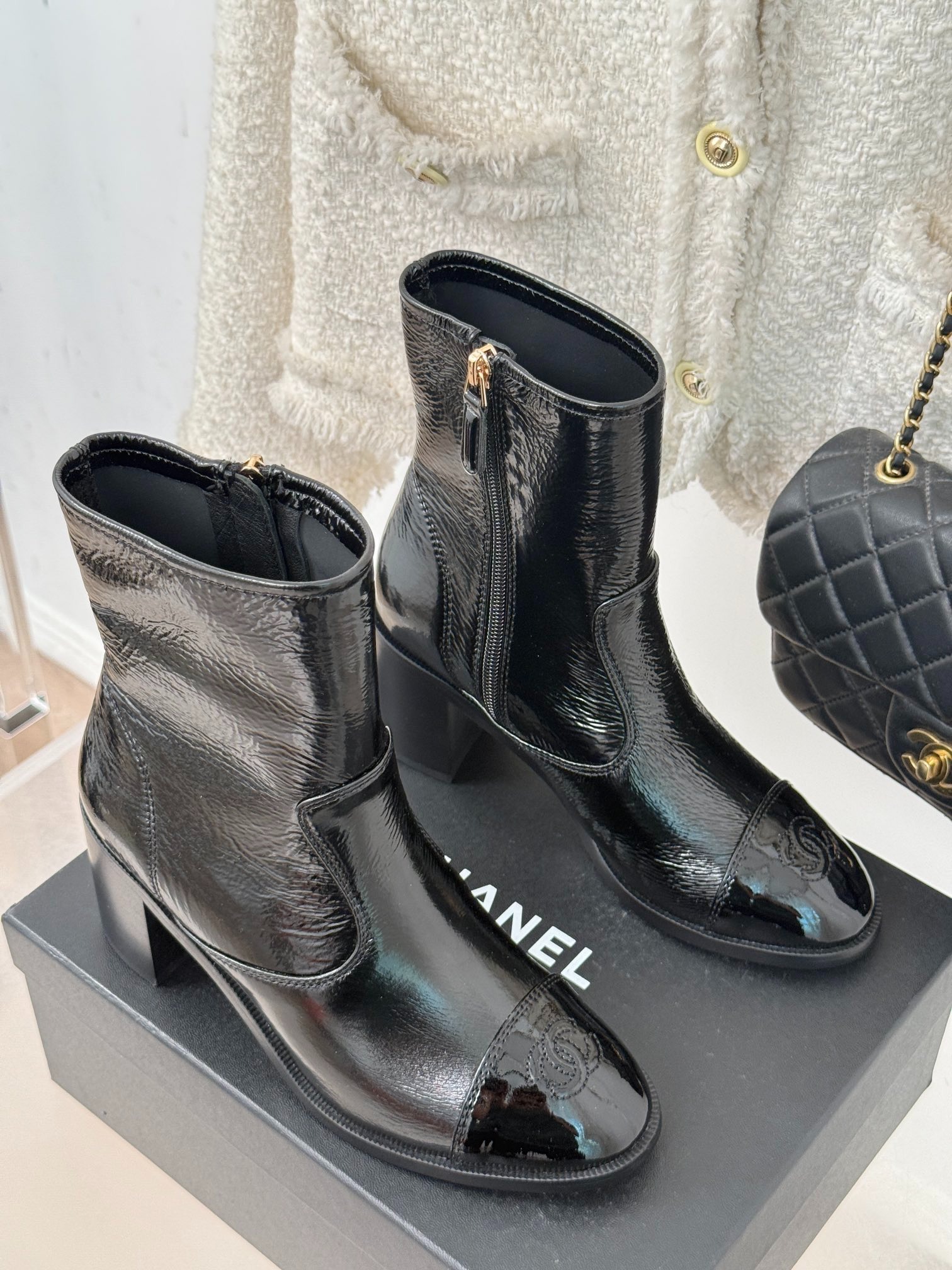 Ch**el Glossy Chunky Ankle Heel Boots Black 7cm/2.8in For Women