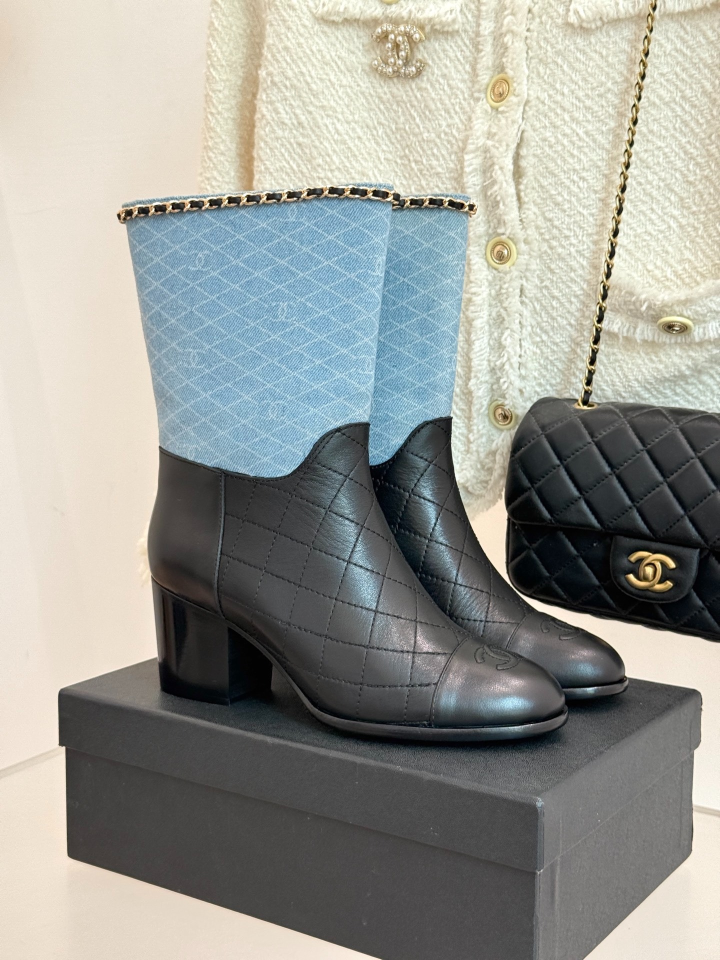 Ch**el Double C Chunky Heel Boots With Chain Detail Light Blue Denim For Women