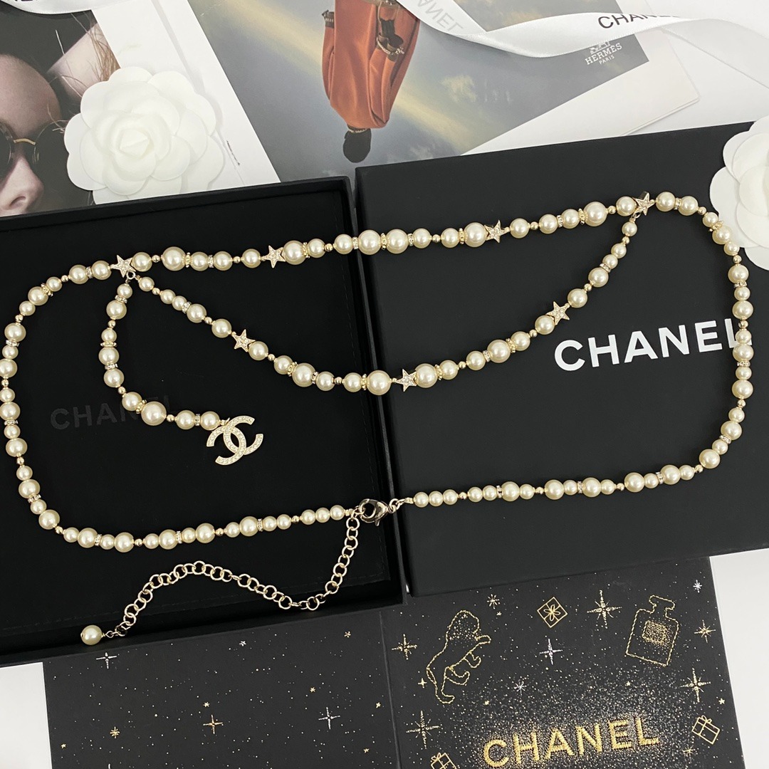 Ch**el Pearl Chain With Crystal Logo Charm Gold For Women