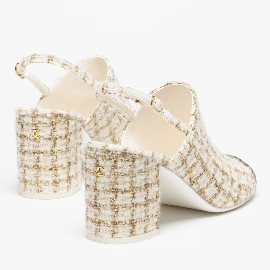 Ch**el Tweed Slingbacks Beige/Gold For Women G46865-B22422-U4537