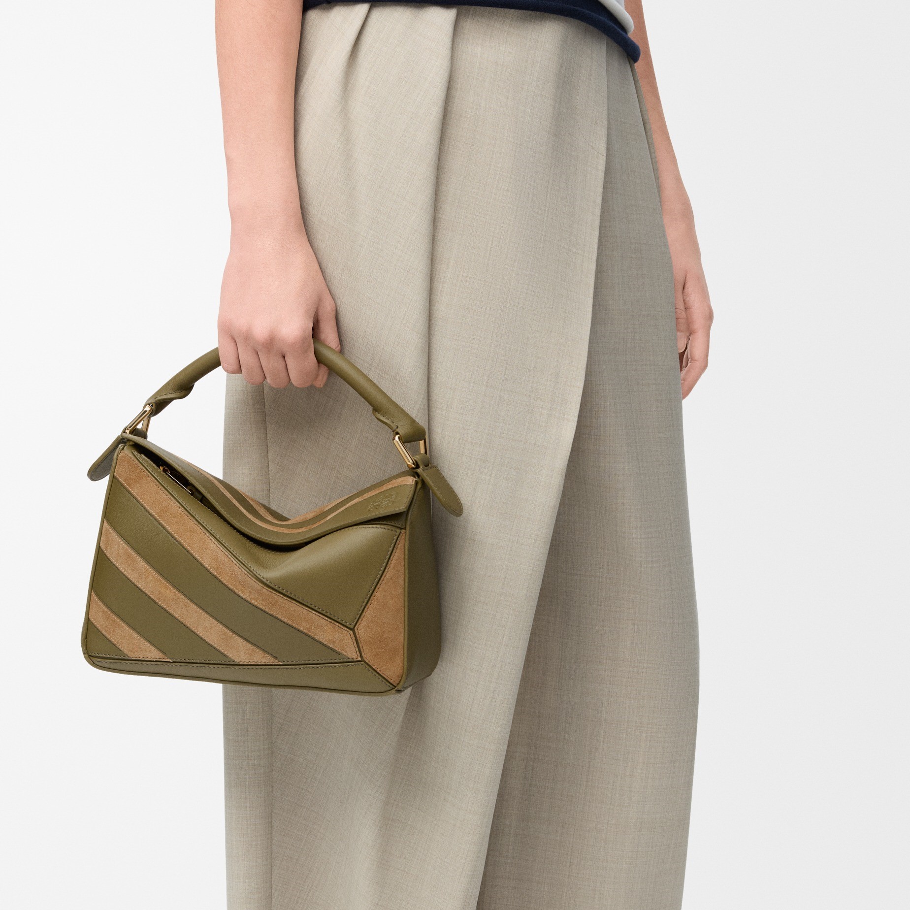 L0ew* Small Puzzle Bag Olive Suede For Women 9.4in/24cm A510S21XCE