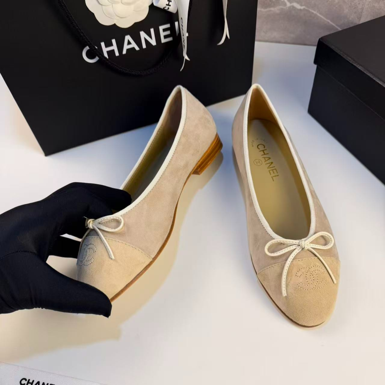 Ch**el Ballet Flats Suede Cream For Women