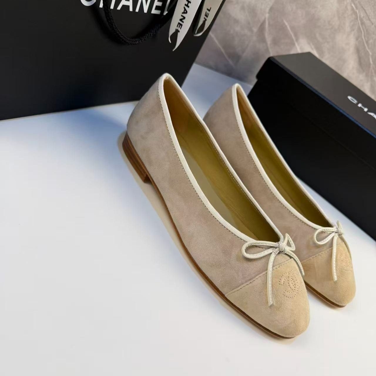 Ch**el Ballet Flats Suede Cream For Women