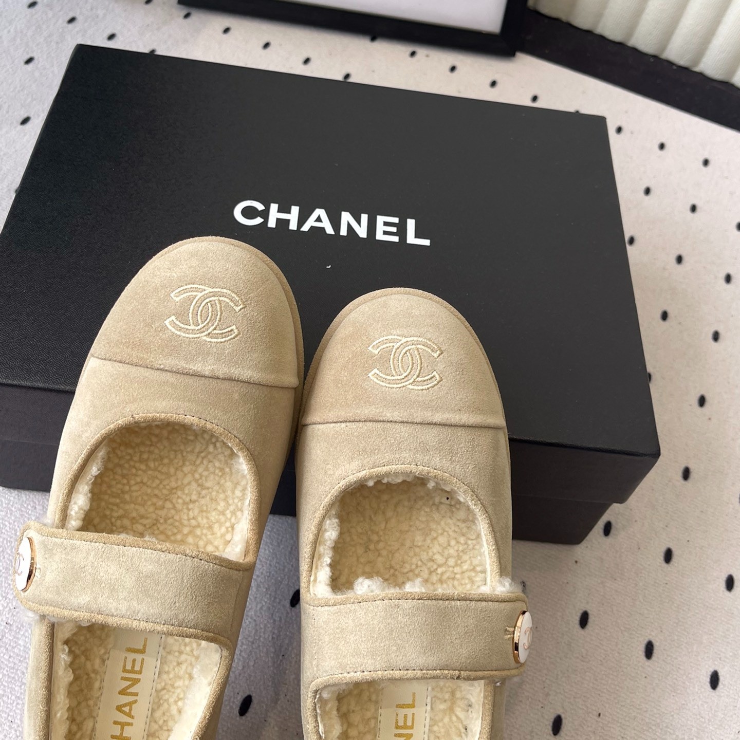 Ch**el Mary Jane Flats Beige Suede Shearling For Women