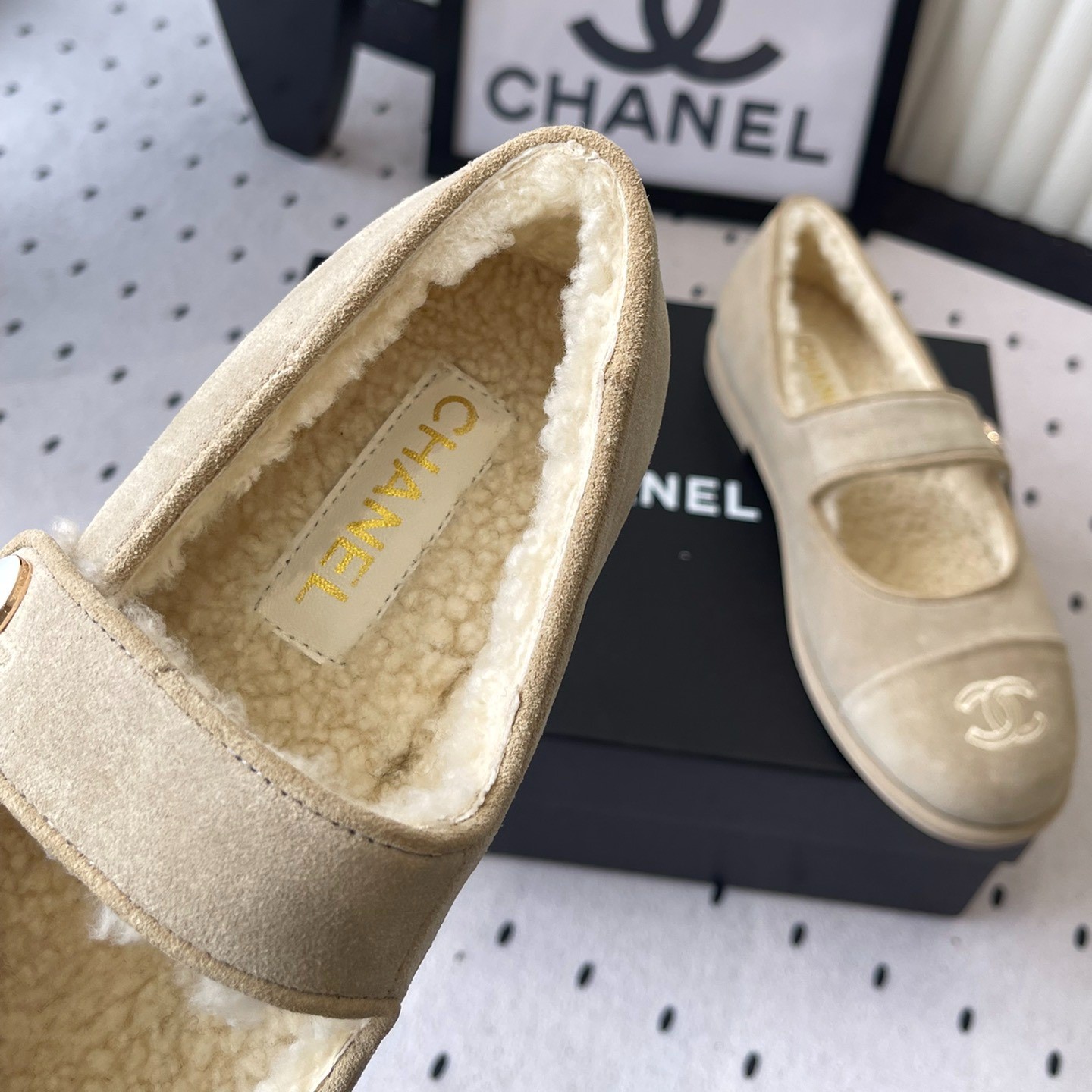Ch**el Mary Jane Flats Beige Suede Shearling For Women