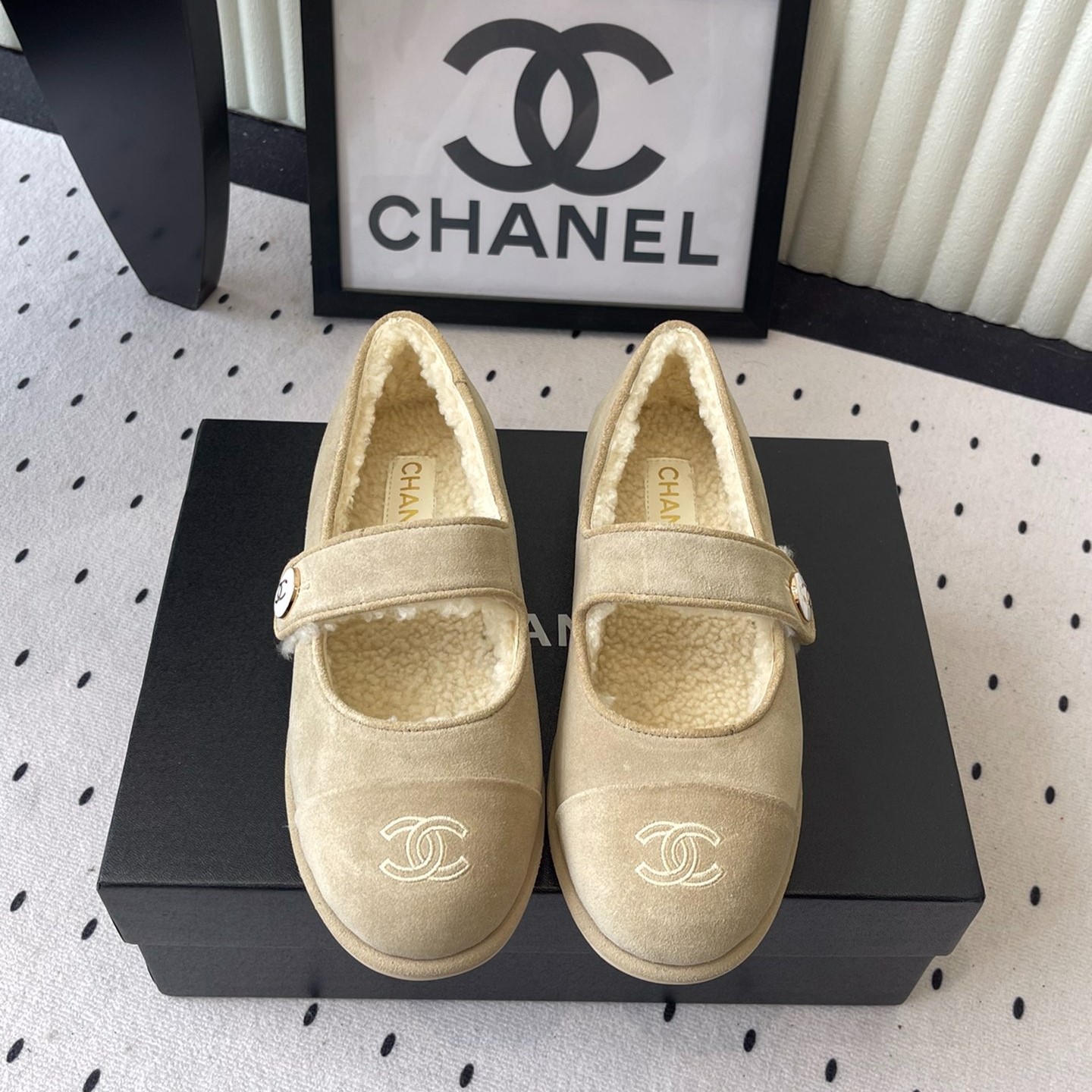 Ch**el Mary Jane Flats Beige Suede Shearling For Women