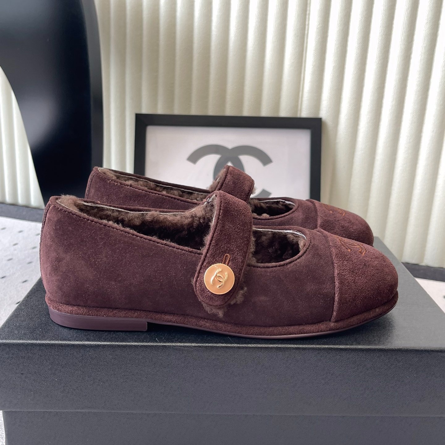 Ch**el Mary Jane Flats Burgundy Suede Shearling For Women
