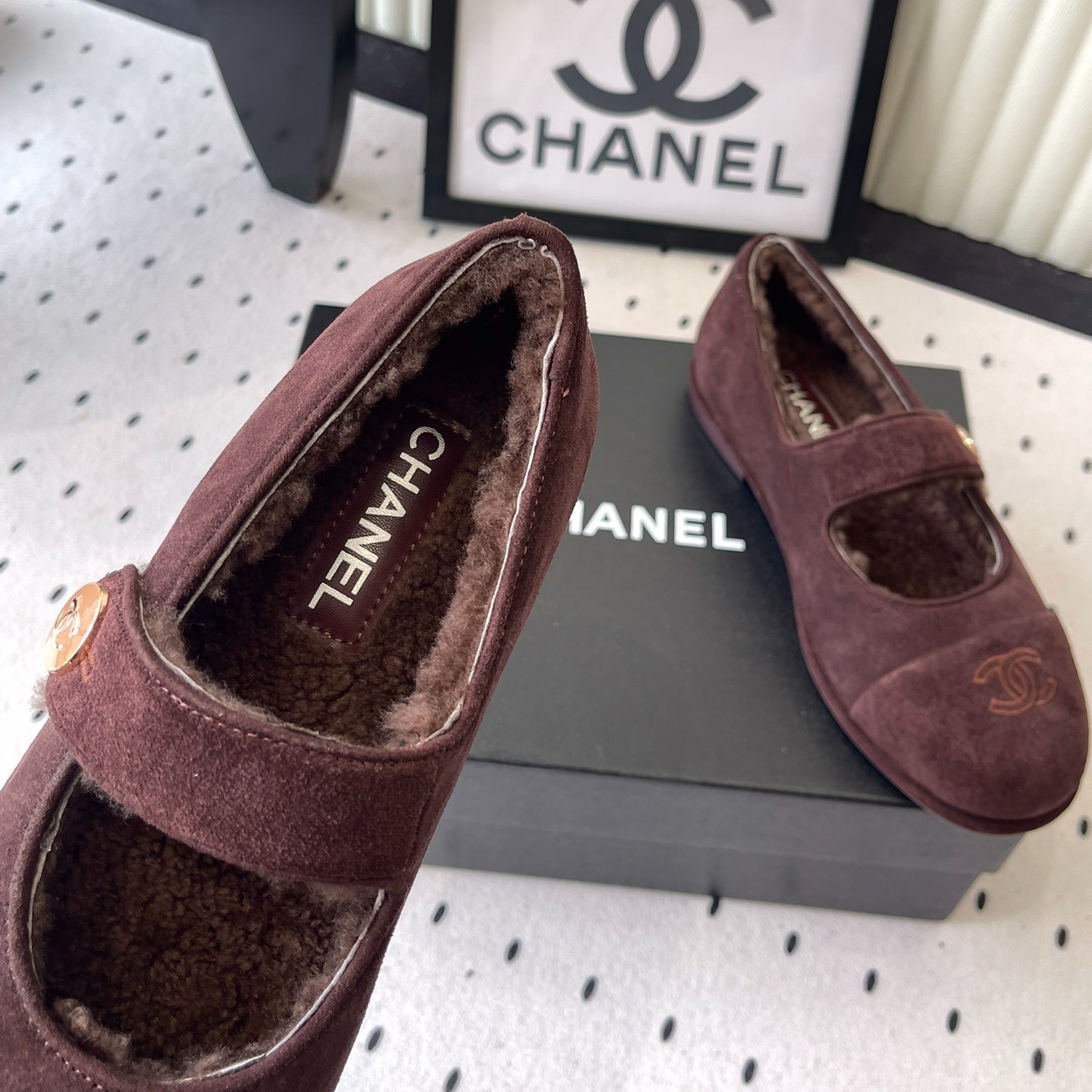 Ch**el Mary Jane Flats Burgundy Suede Shearling For Women