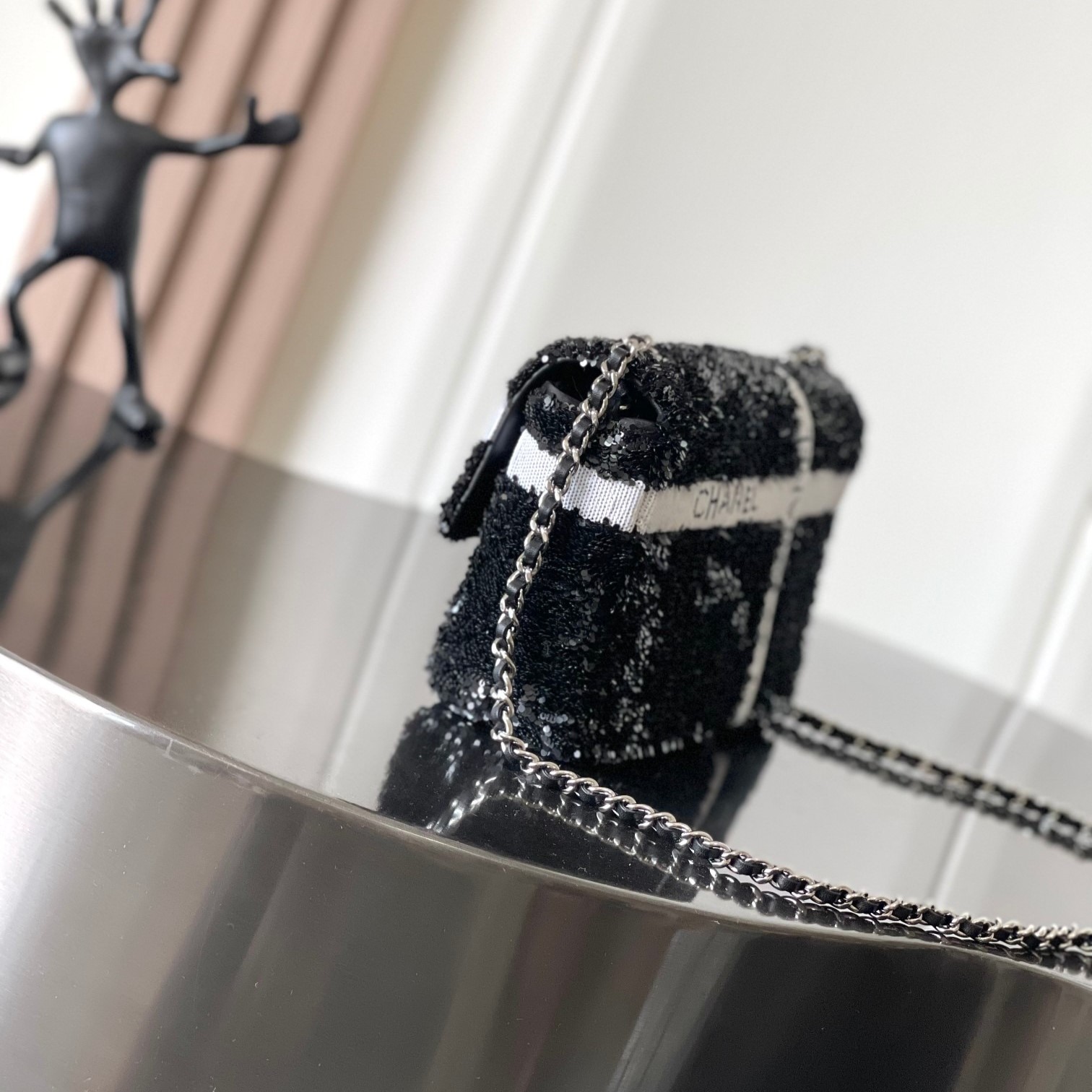 [True-to-ORIGINAL] Ch**el Sequin Bow Mini Flap Bag Black For Women 7.9in/20cm