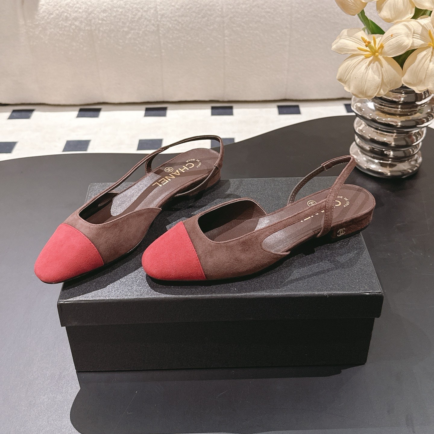 Ch**el Suede Two-Tone Slingback Flats Brown/Burgundy For Women